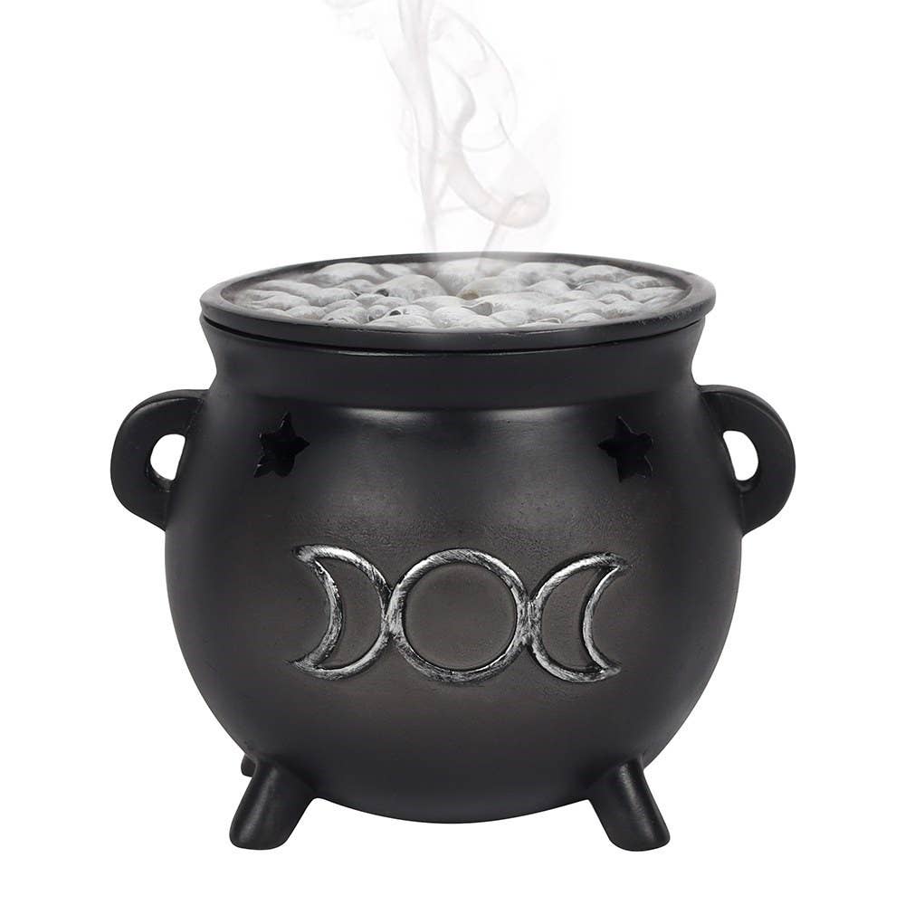 Gothic Triple Moon Cauldron Incense Cone Holder - Spiral Circle
