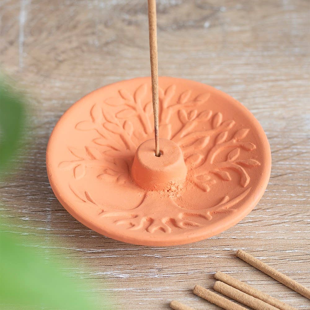 Tree of Life Terracotta Incense Plate - Spiral Circle