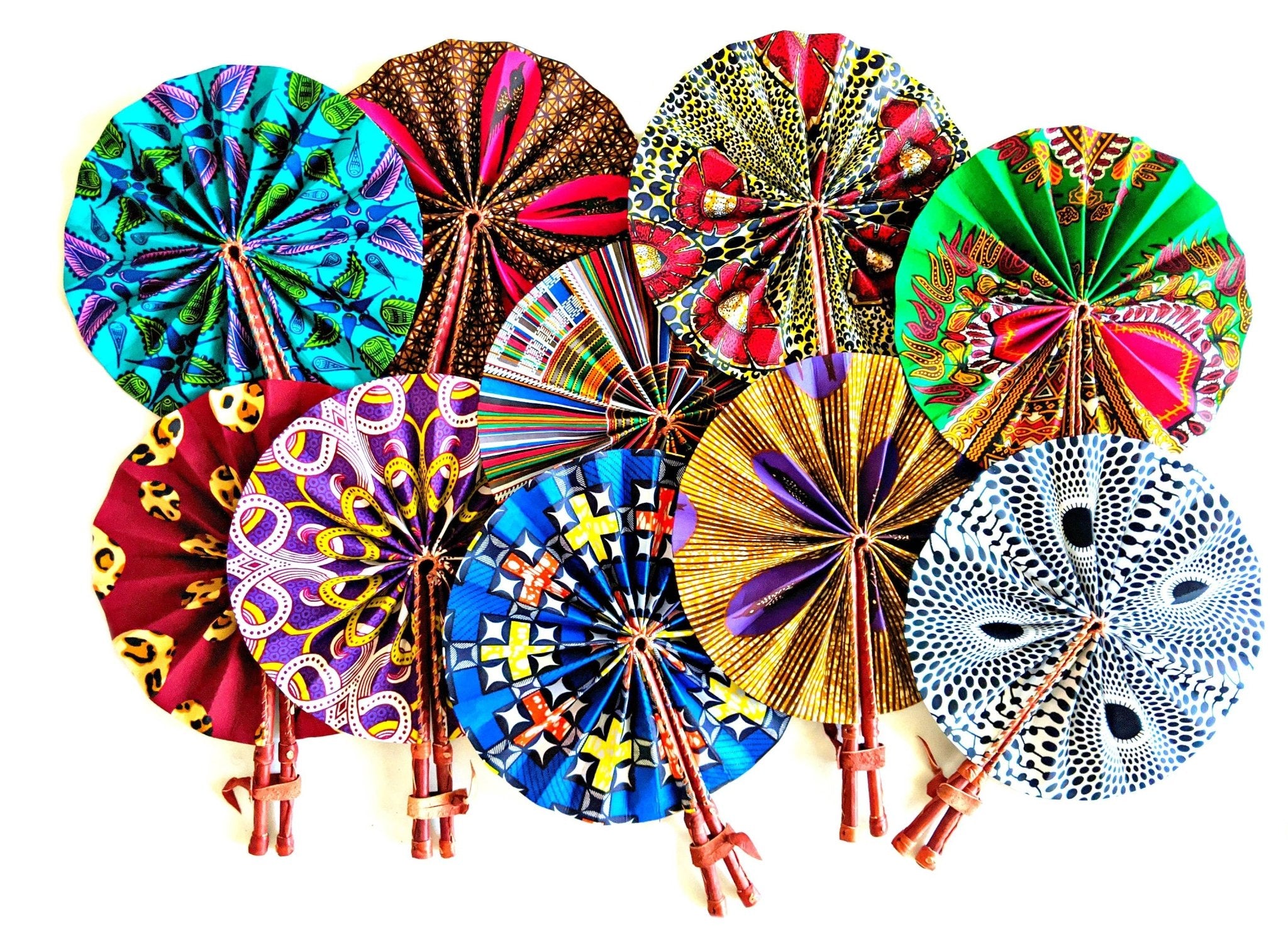 African Print Fabric | Folding Fans | Leather Handle - Spiral Circle