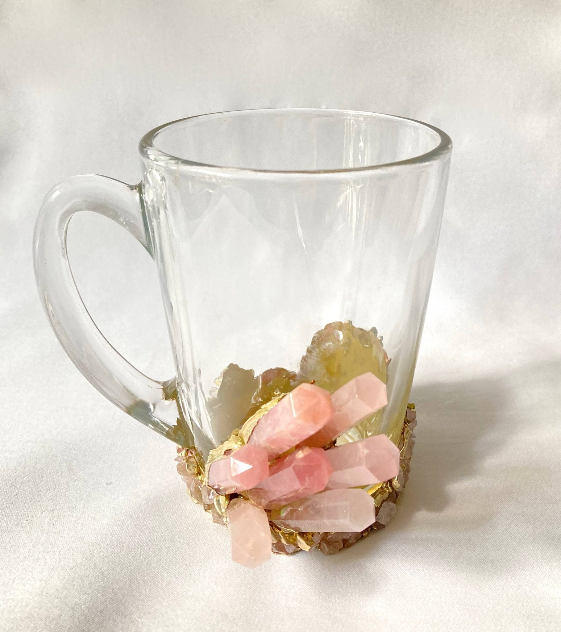 Crystal Glass Tea/Coffee Mug | Rose Quartz | 11oz | Gold Finish - Spiral Circle