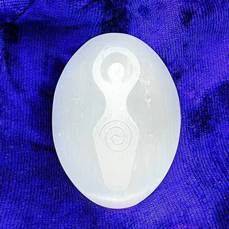 Engraved Selenite Goddess Palmstone - Spiral Circle