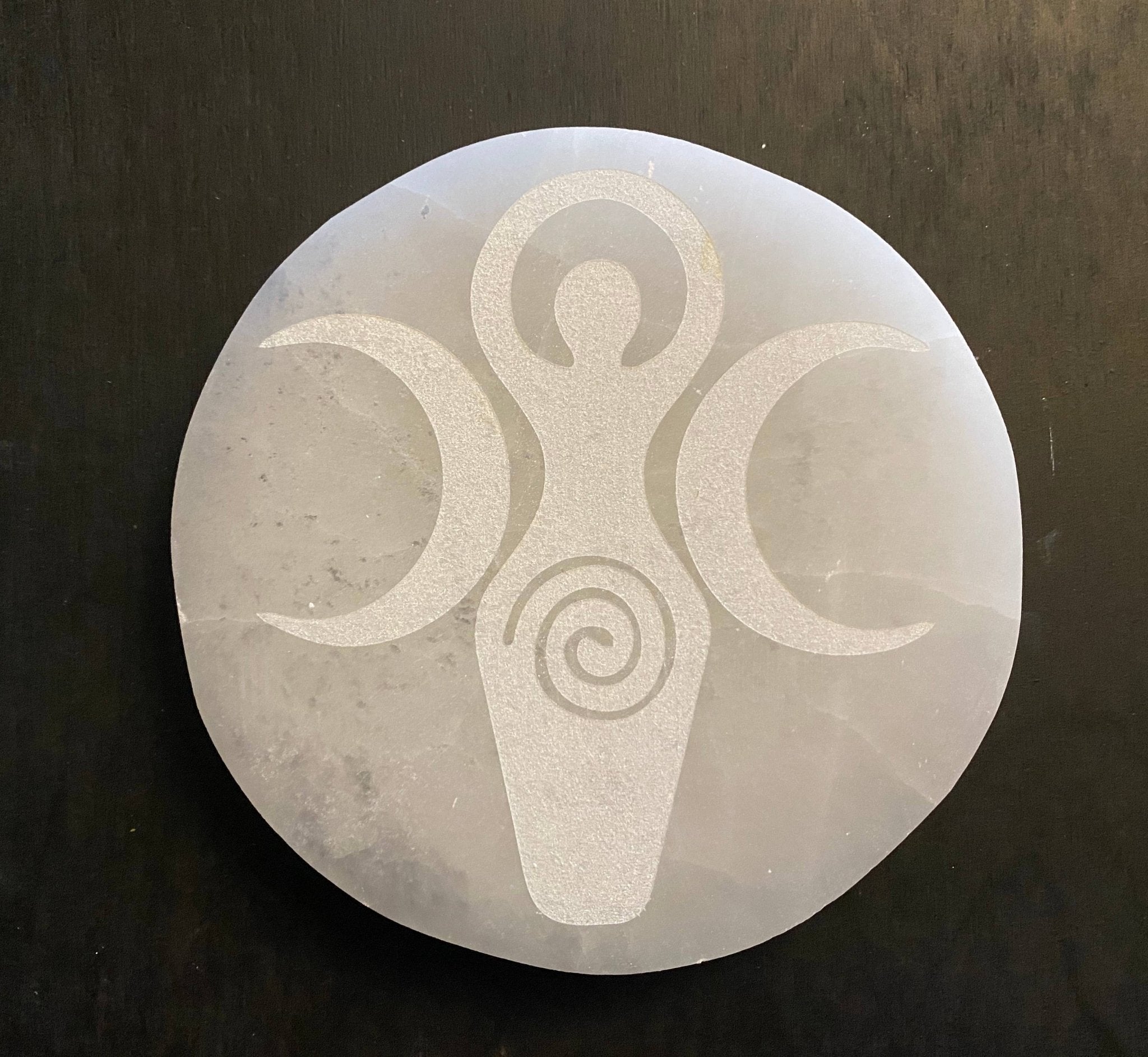 Goddess Engraved Selenite Disc - Spiral Circle