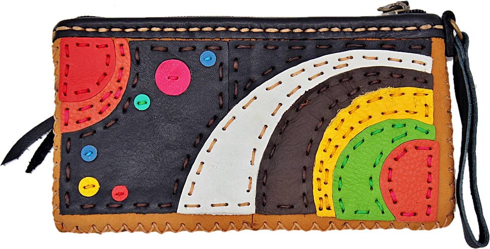 Leather Collage Art Clutch/ Wallet - Solar System - Spiral Circle