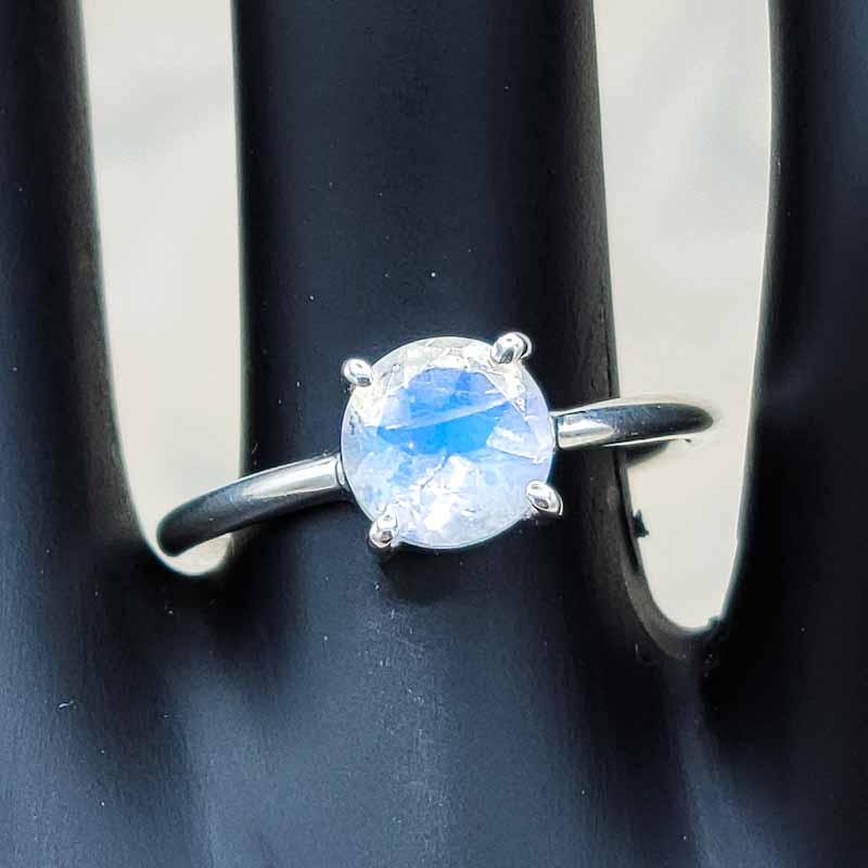 Rainbow Moonstone Dainty Faceted Ring | Sterling Silver - Spiral Circle