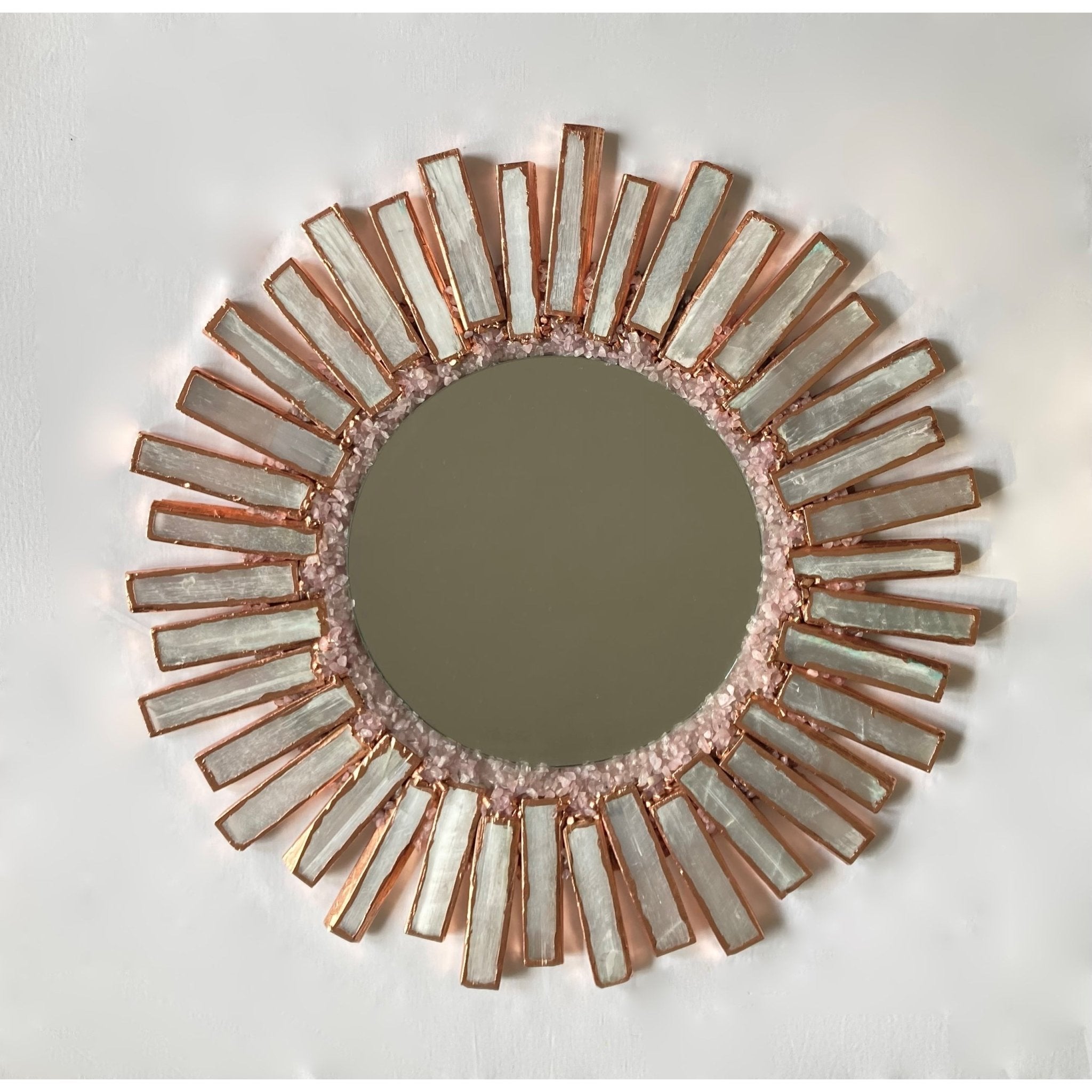 Round Rose Selenite Mirror with Rose Quartz | 20 inches diameter - Spiral Circle