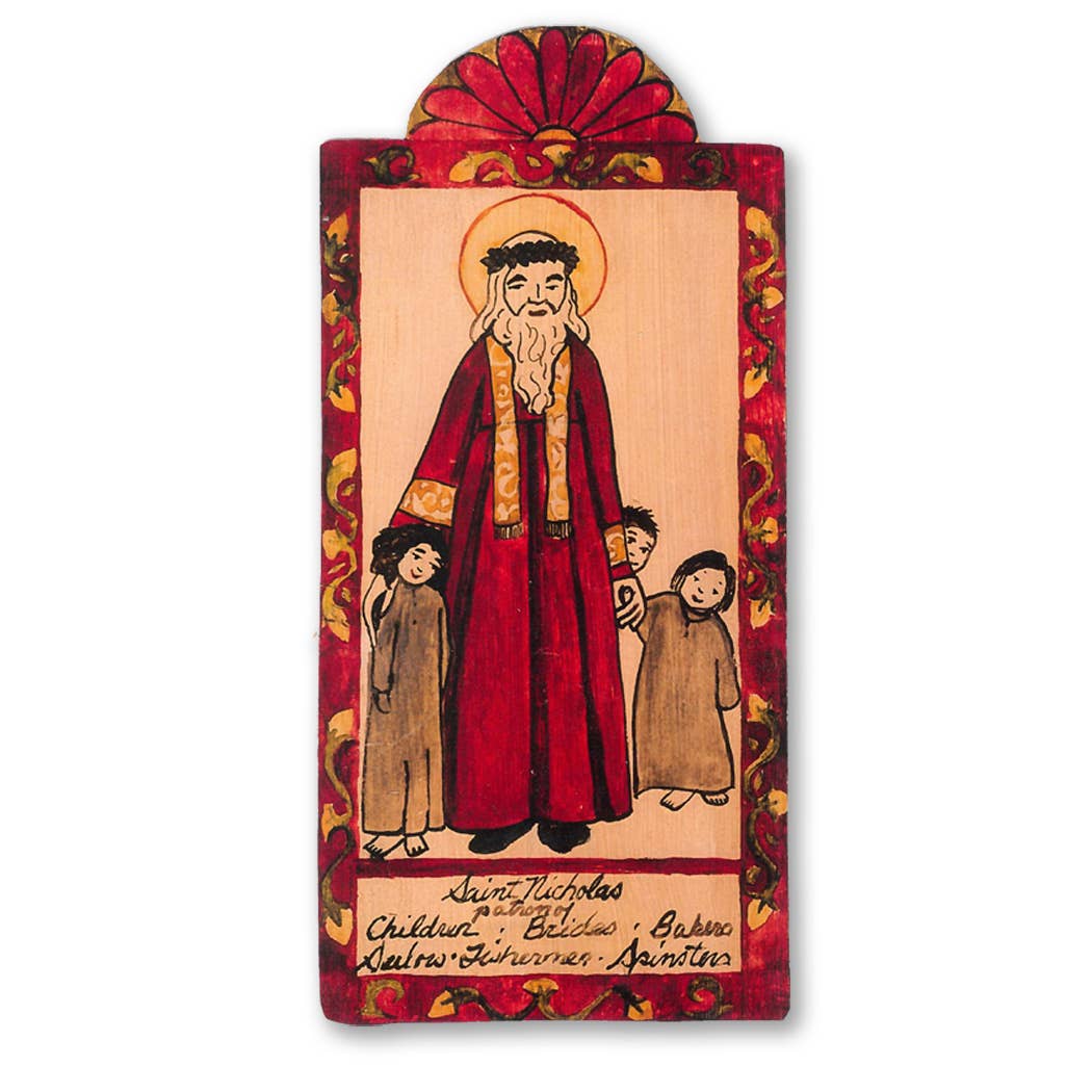 St. Nicholas | Children and Single Women | Wooden Pocket Plaque - Spiral Circle