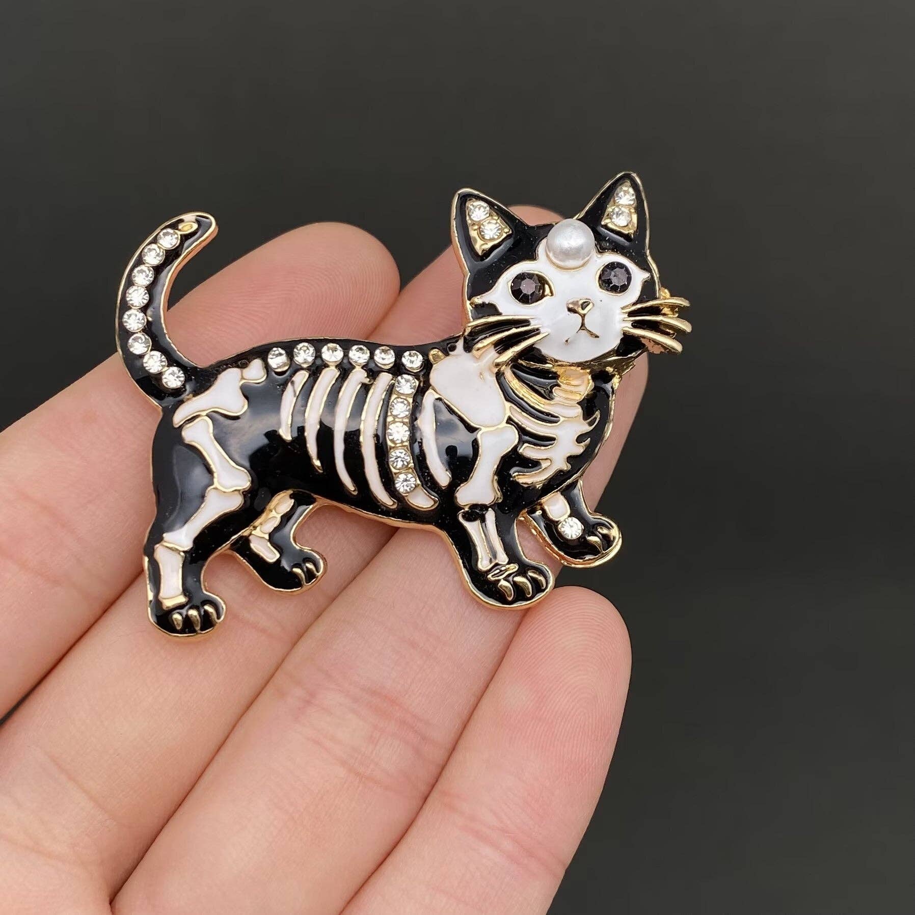 Halloween Enamel Skull Cat Brooch
