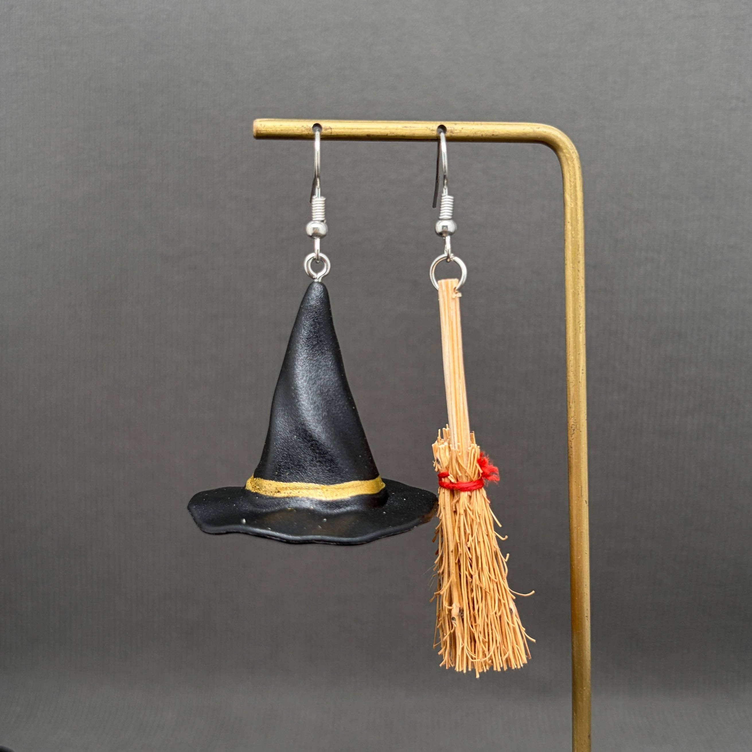 Halloween Witch Hat & Broom | Dangle Earrings