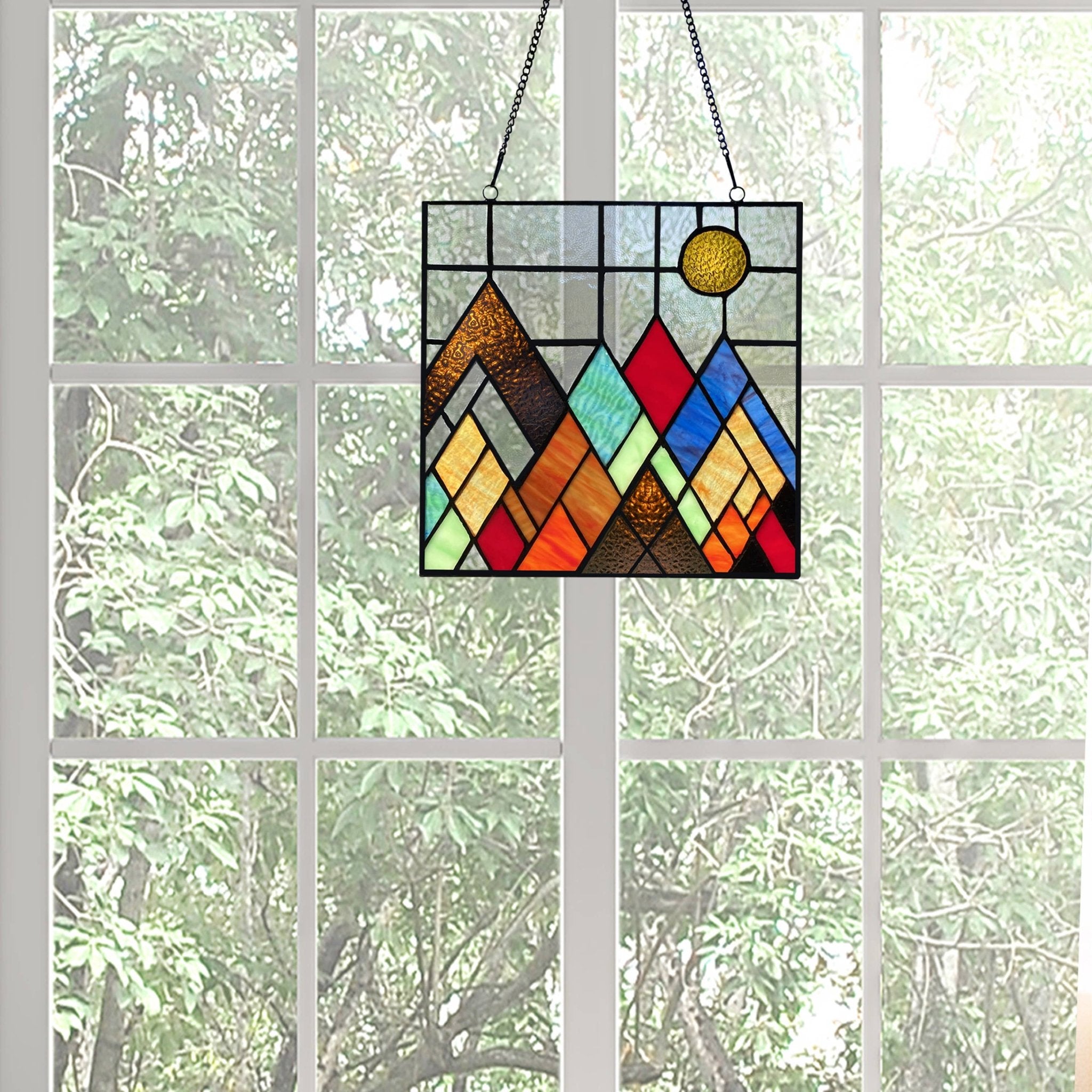 10"H Beyond the Mountain Tops Multicolored Window Panel - Spiral Circle