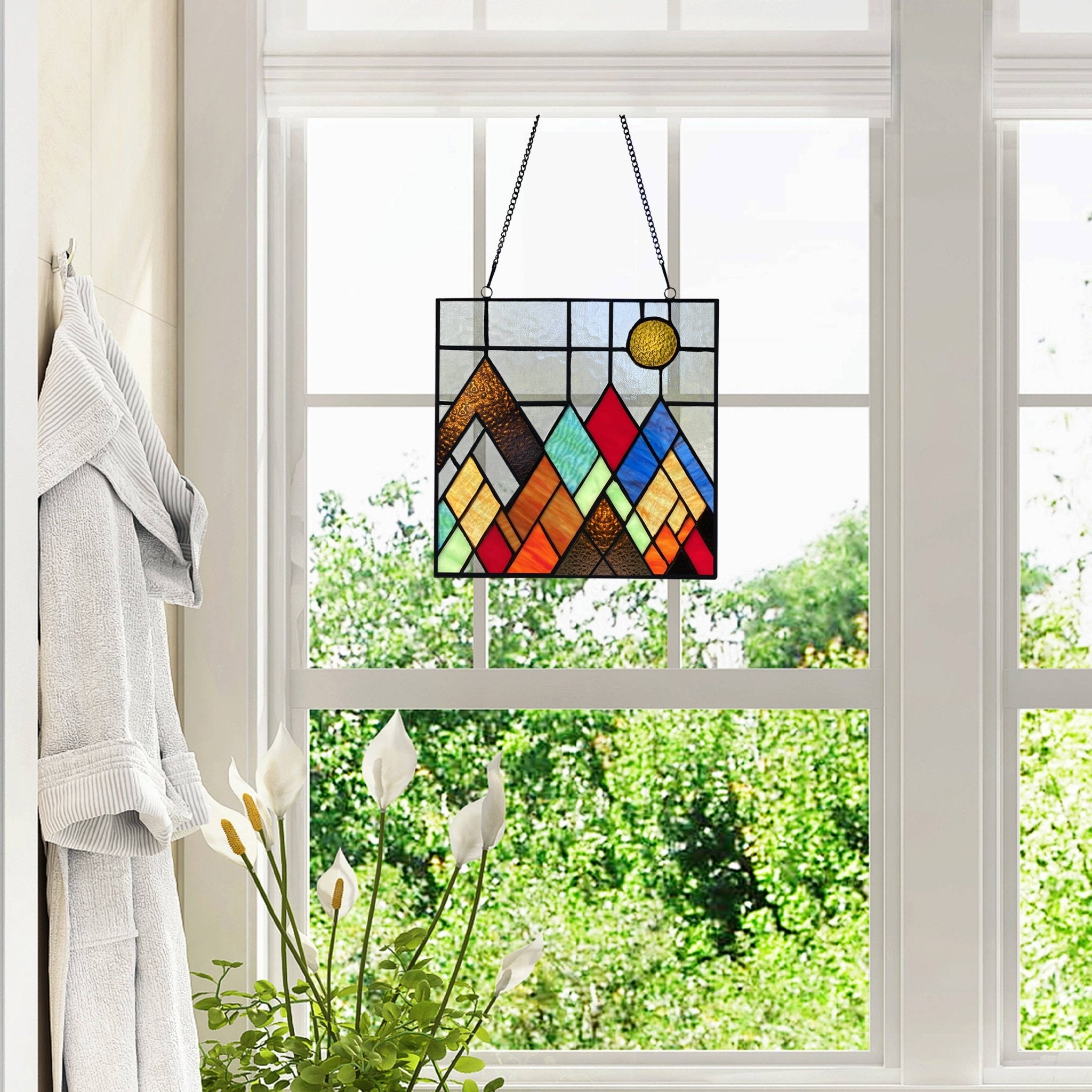 10"H Beyond the Mountain Tops Multicolored Window Panel - Spiral Circle