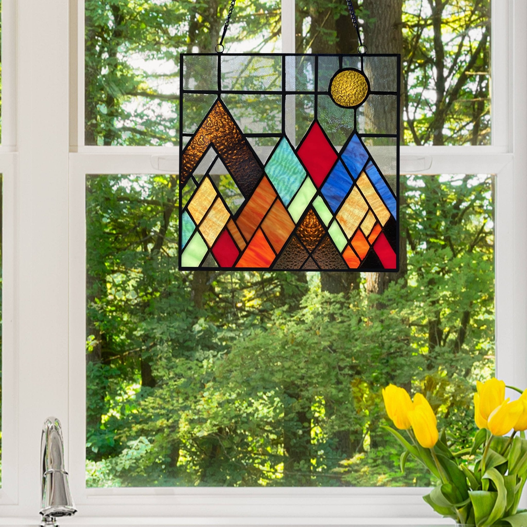 10"H Beyond the Mountain Tops Multicolored Window Panel - Spiral Circle