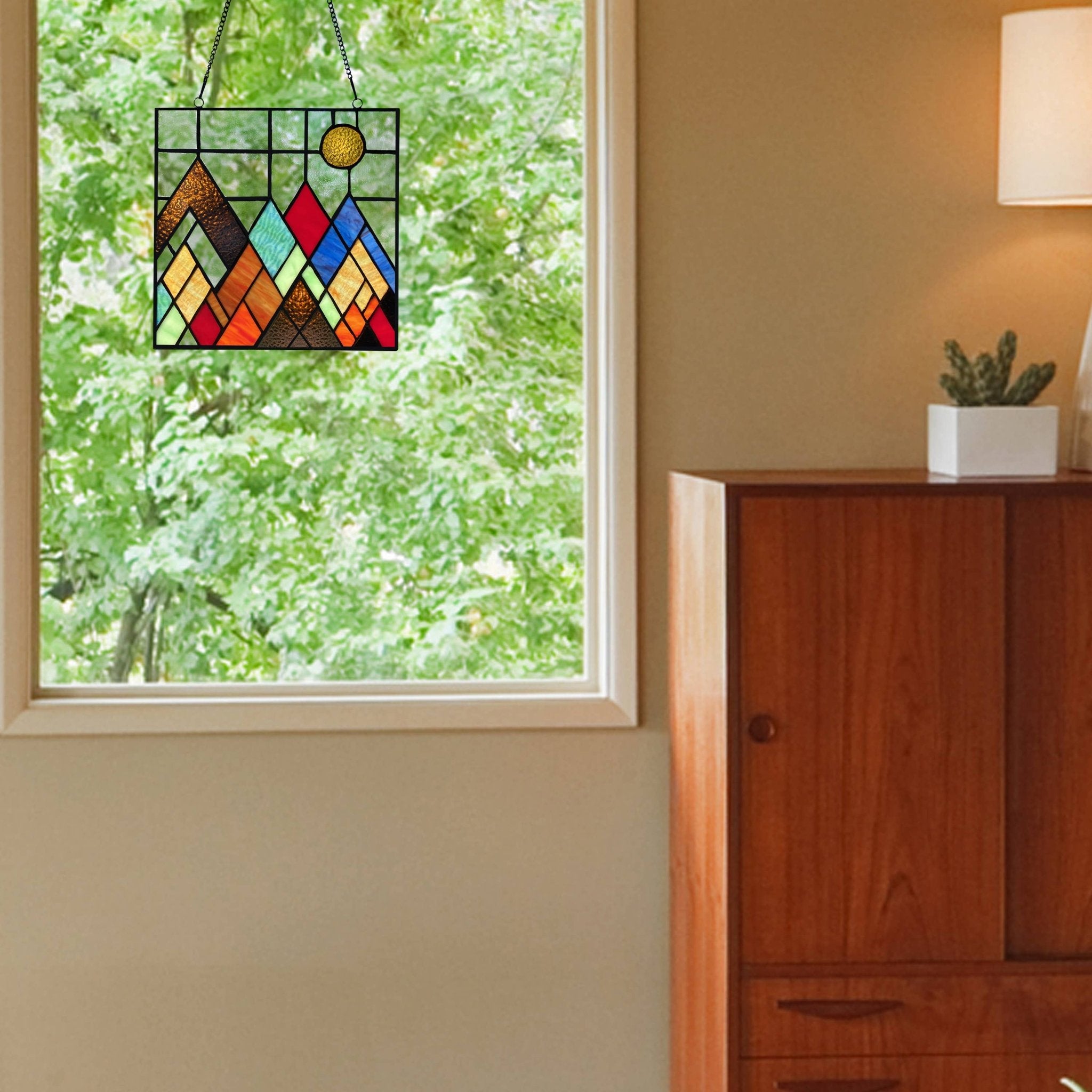 10"H Beyond the Mountain Tops Multicolored Window Panel - Spiral Circle