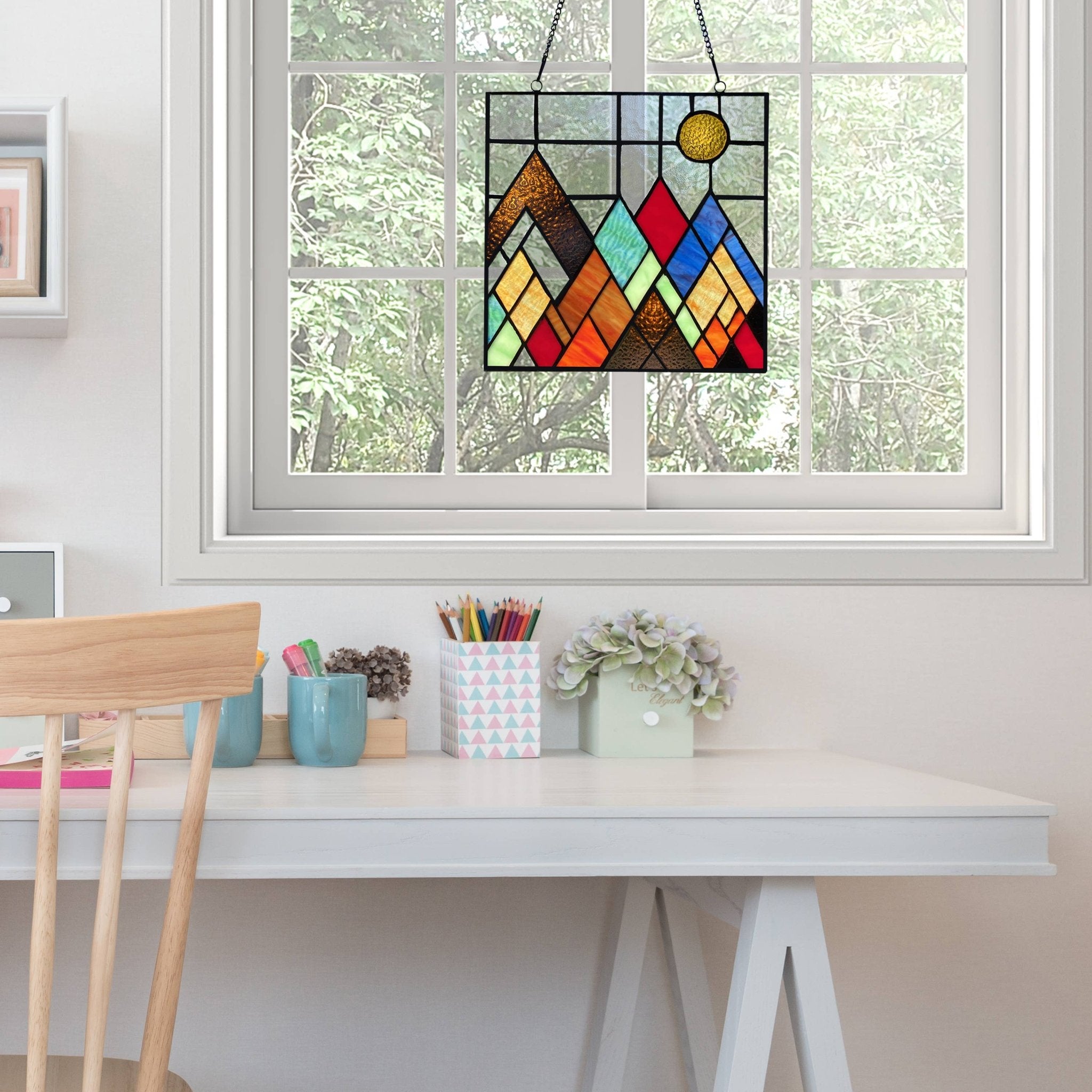 10"H Beyond the Mountain Tops Multicolored Window Panel - Spiral Circle
