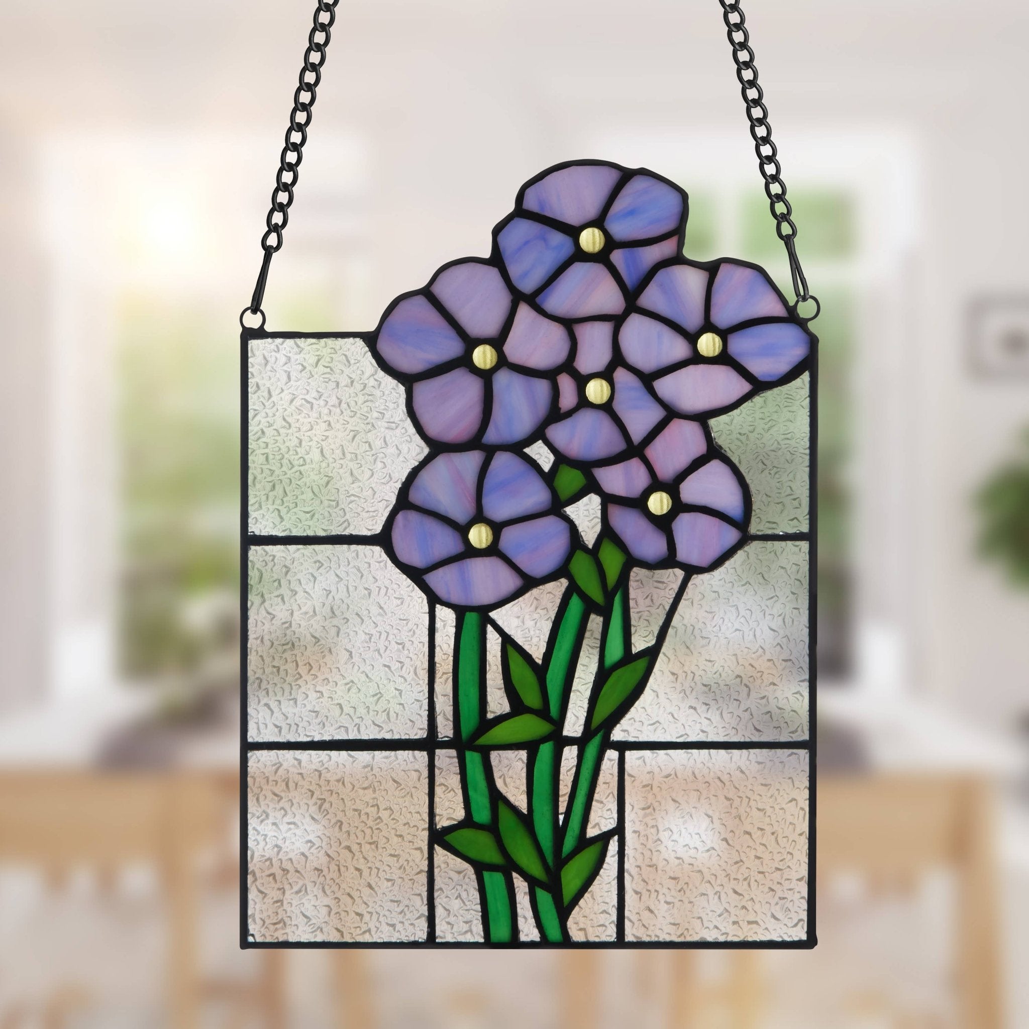 10"H Forget Me Not Purple Flowers Stained Glass Window Panel - Spiral Circle
