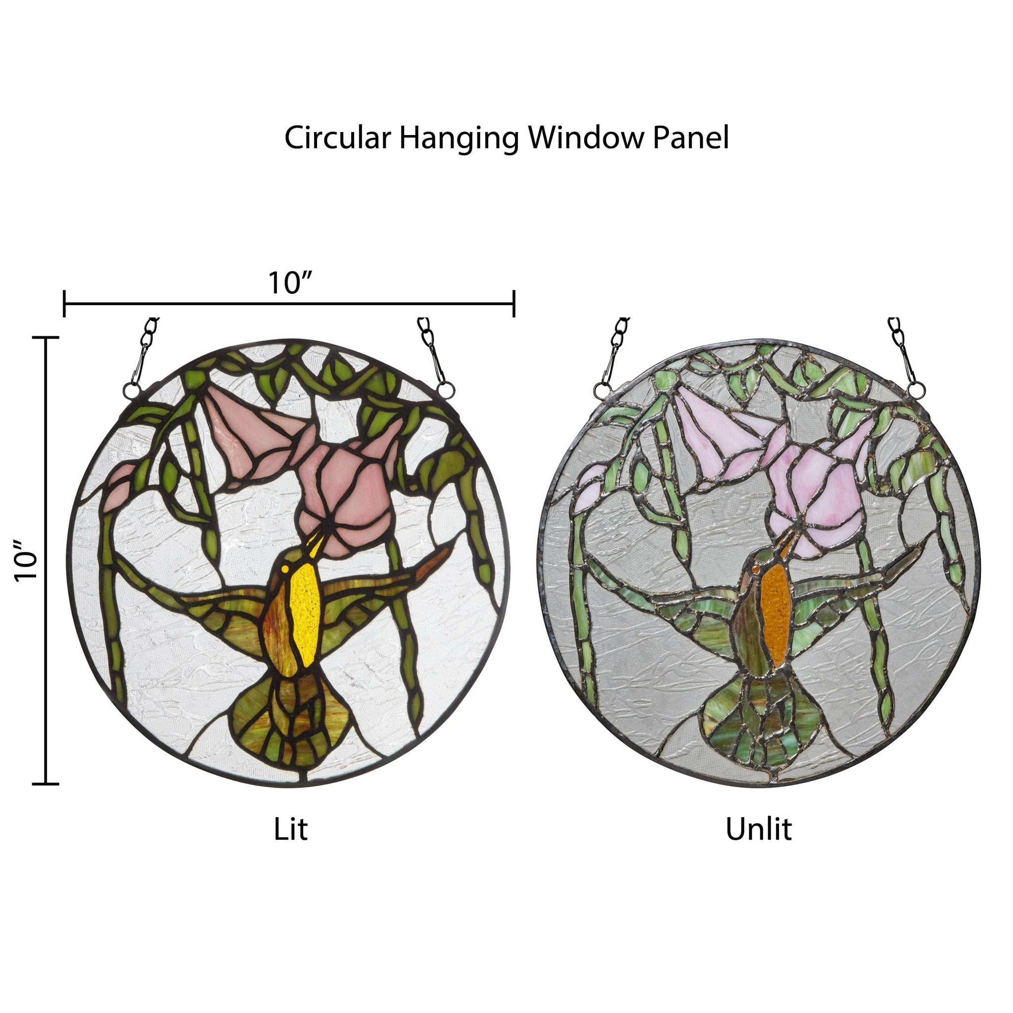10"H Hummingbird and Hibiscus Stained Glass Window Panel - Spiral Circle