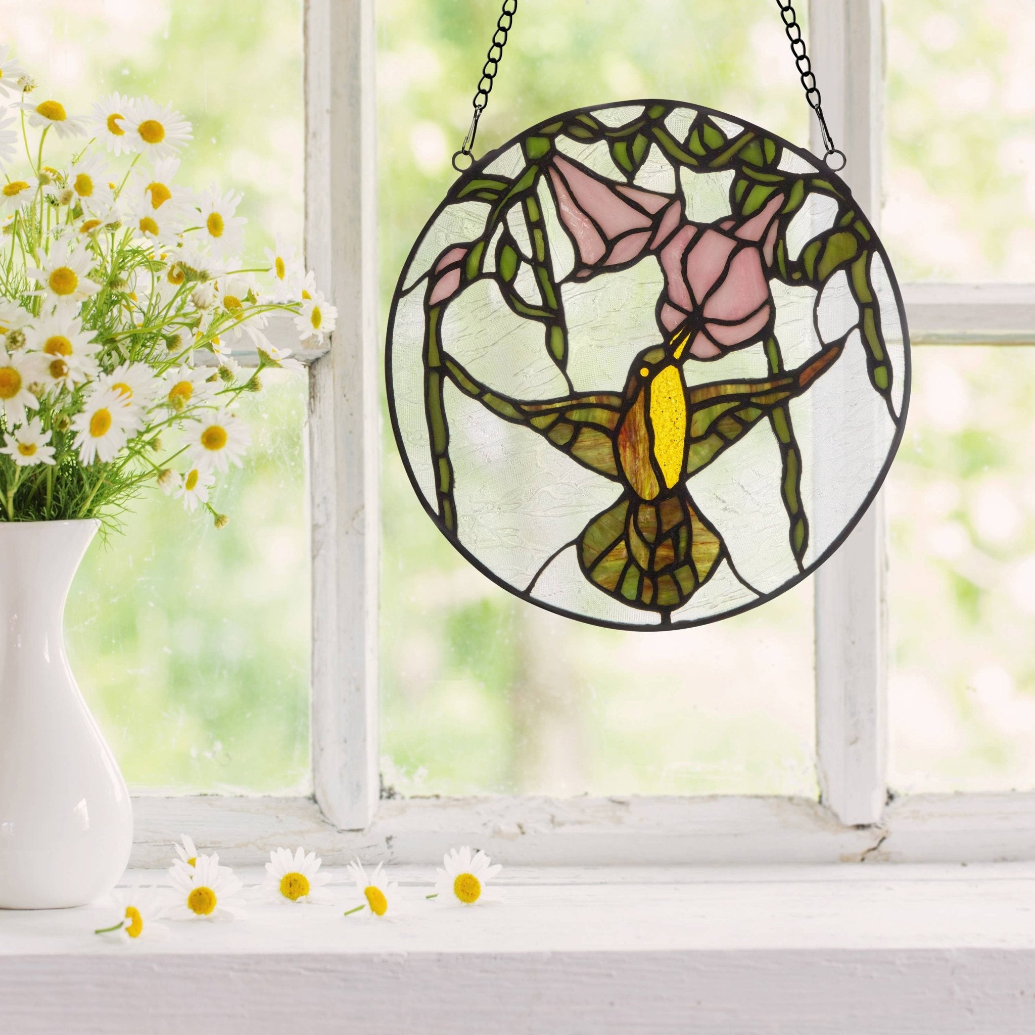 10"H Hummingbird and Hibiscus Stained Glass Window Panel - Spiral Circle