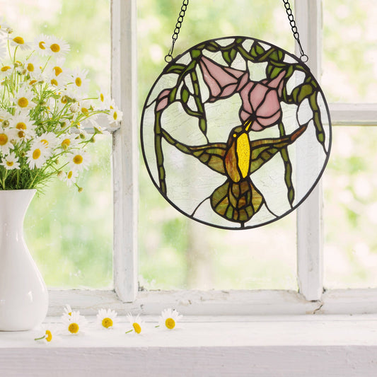 10"H Hummingbird and Hibiscus Stained Glass Window Panel - Spiral Circle