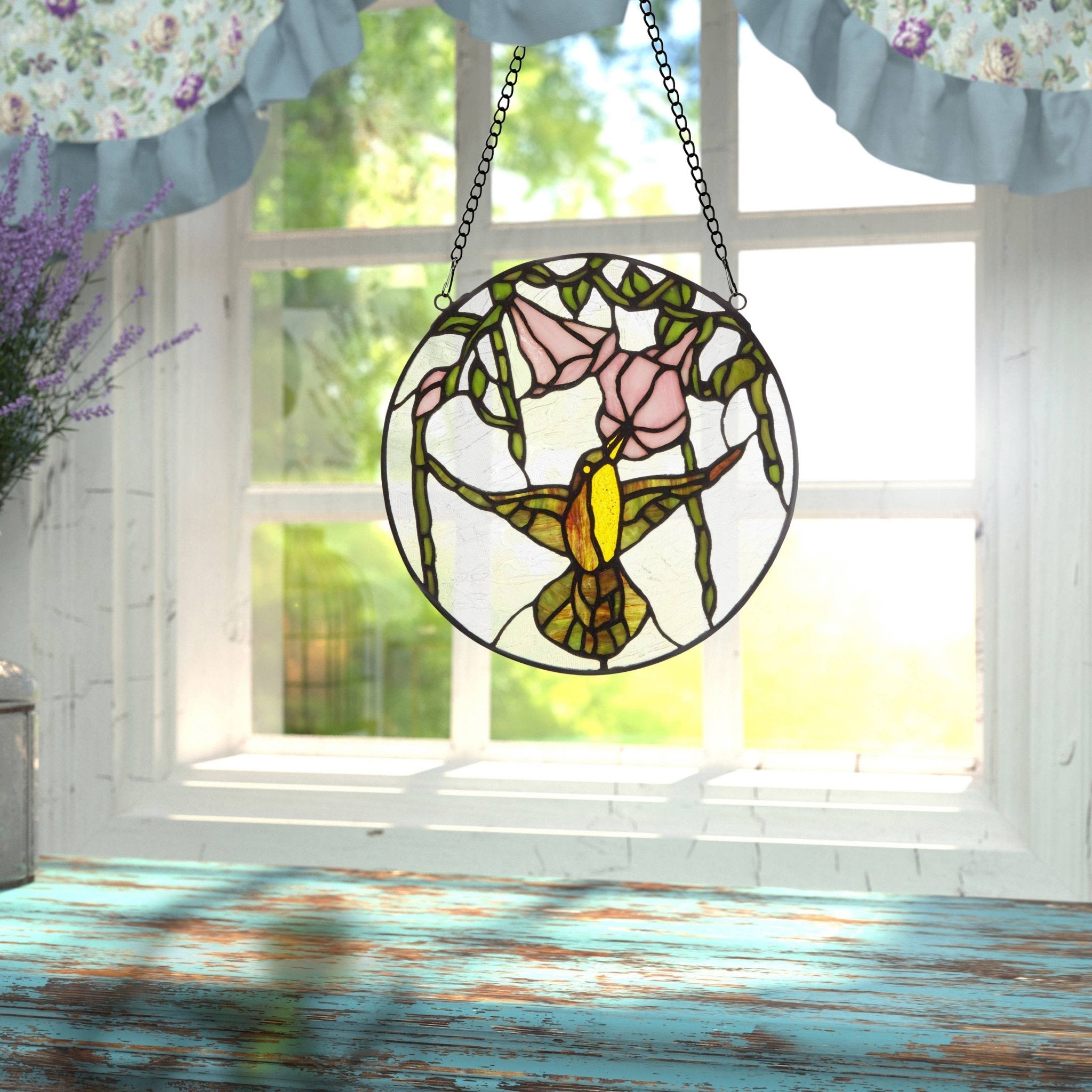 10"H Hummingbird and Hibiscus Stained Glass Window Panel - Spiral Circle