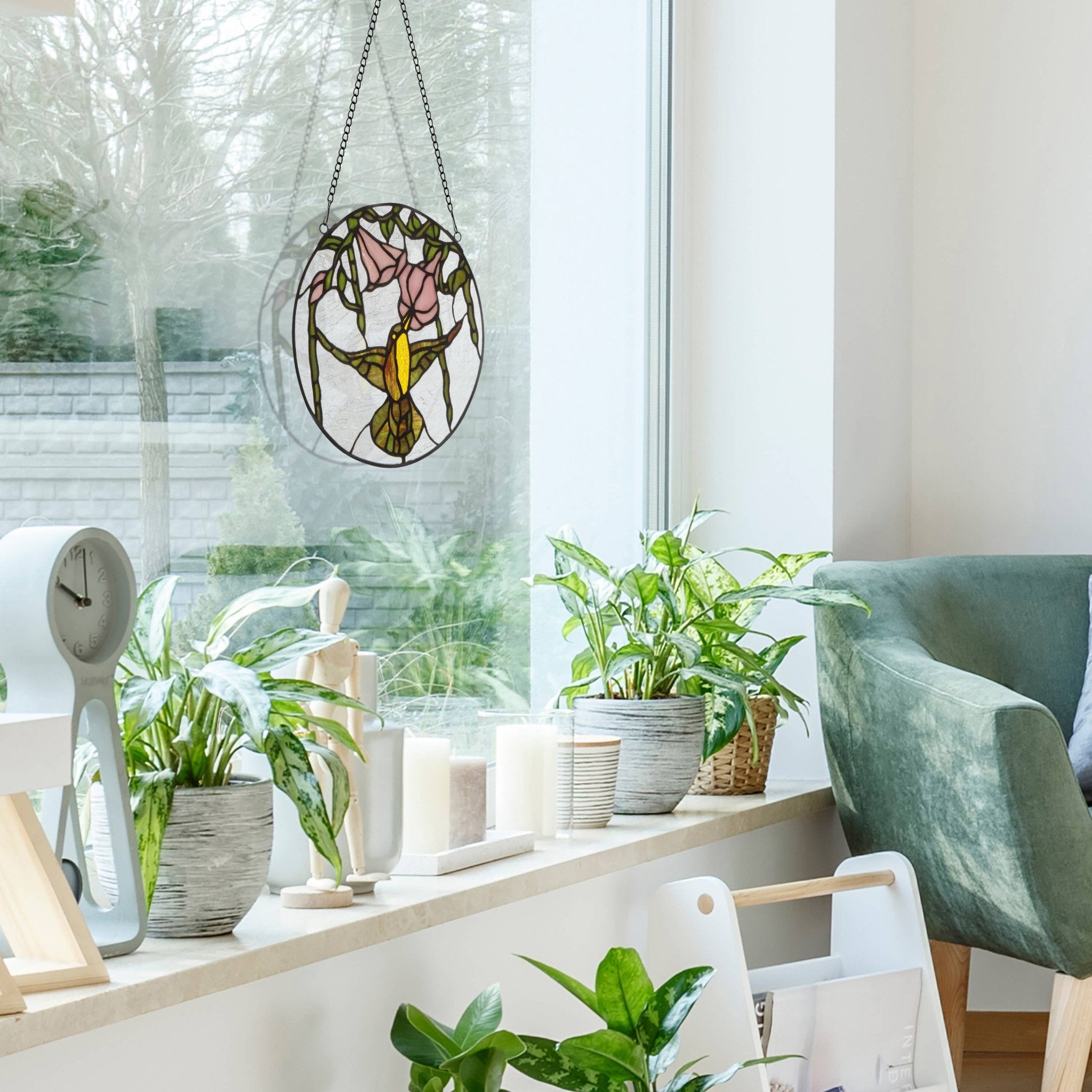 10"H Hummingbird and Hibiscus Stained Glass Window Panel - Spiral Circle