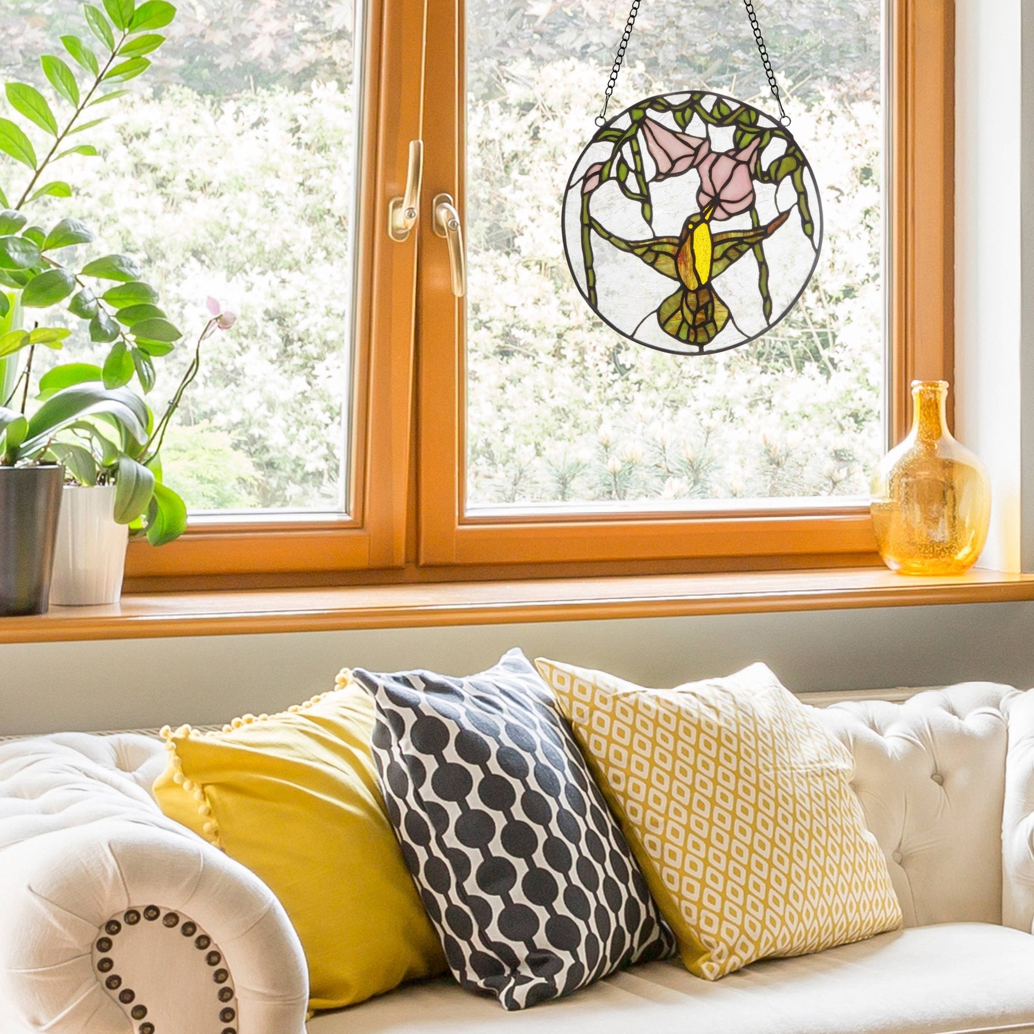 10"H Hummingbird and Hibiscus Stained Glass Window Panel - Spiral Circle