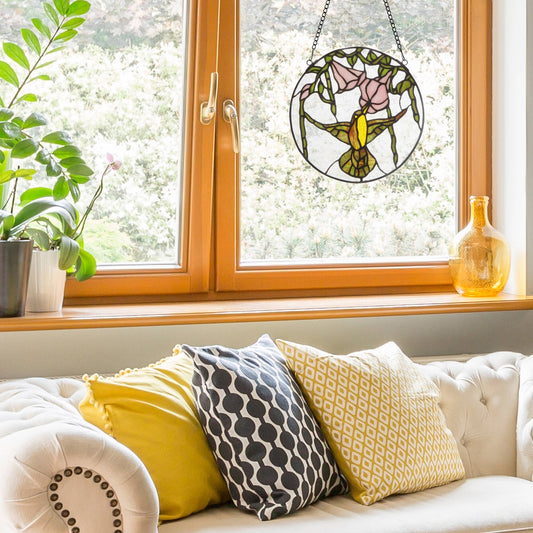 10"H Hummingbird and Hibiscus Stained Glass Window Panel - Spiral Circle