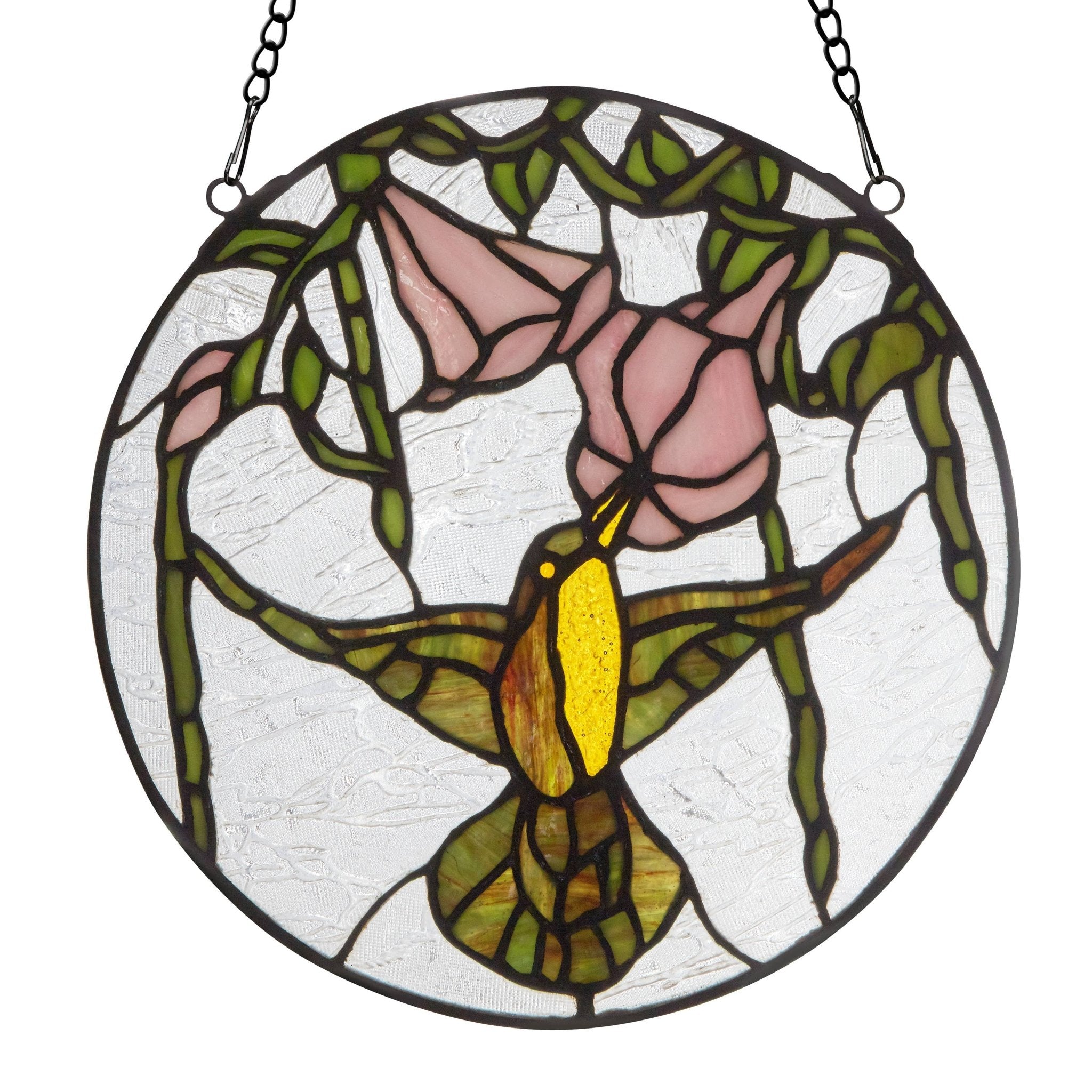 10"H Hummingbird and Hibiscus Stained Glass Window Panel - Spiral Circle