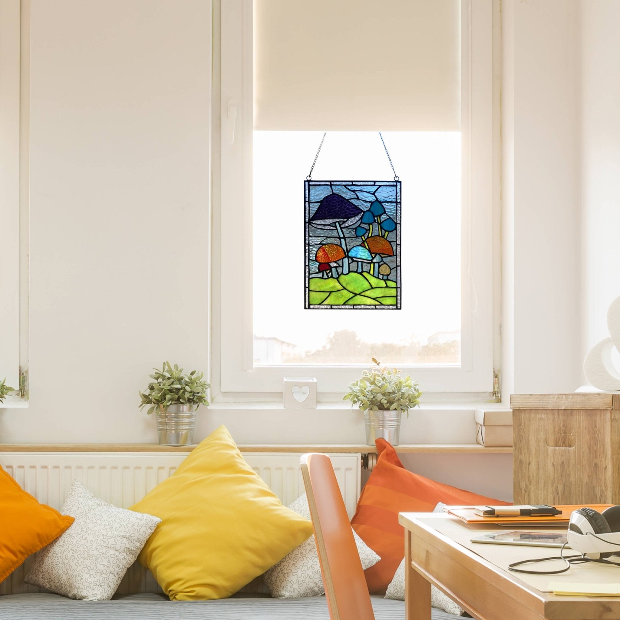 11.5"H Erin Green Mushrooms Stained Glass Window Panel - Spiral Circle