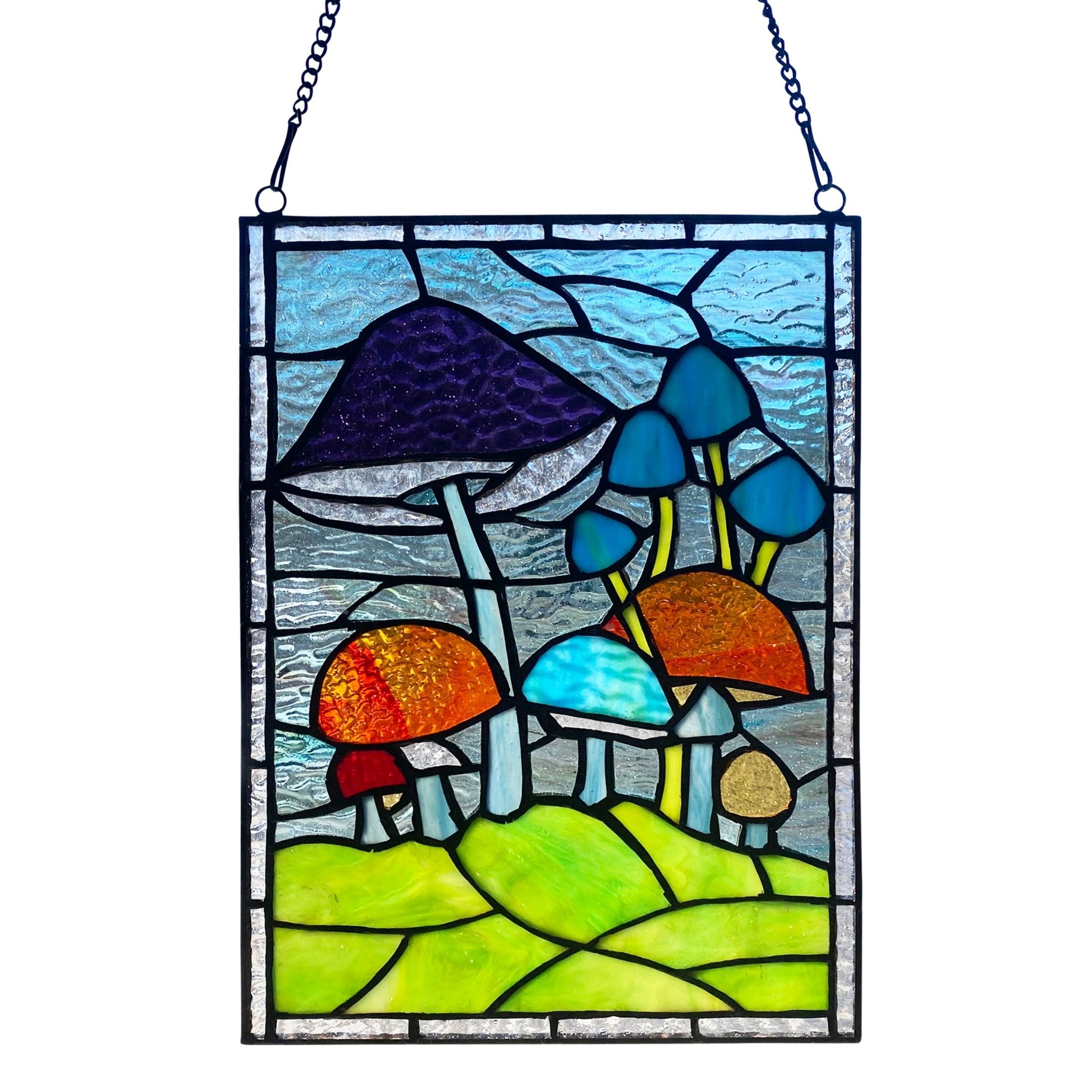 11.5"H Erin Green Mushrooms Stained Glass Window Panel - Spiral Circle
