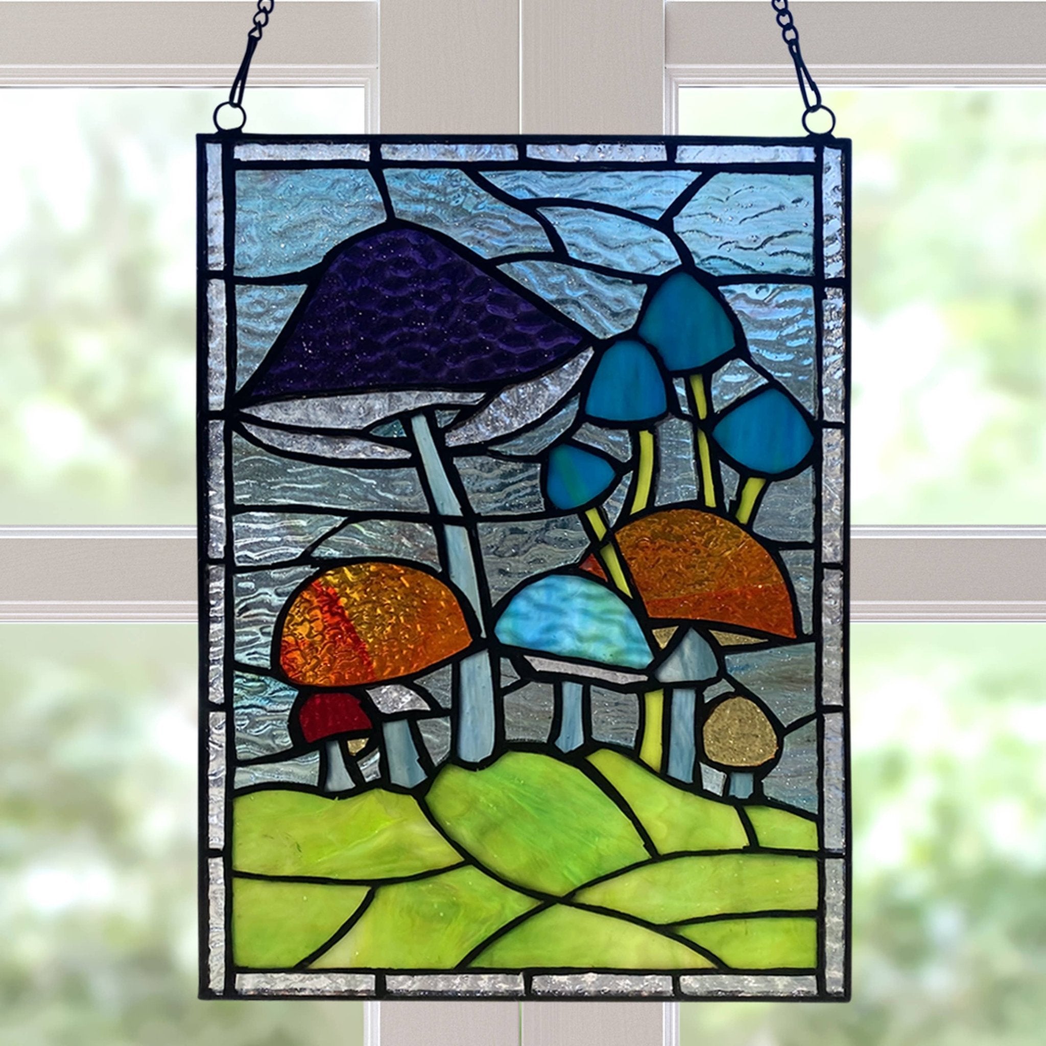 11.5"H Erin Green Mushrooms Stained Glass Window Panel - Spiral Circle