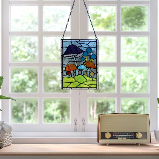 11.5"H Erin Green Mushrooms Stained Glass Window Panel - Spiral Circle