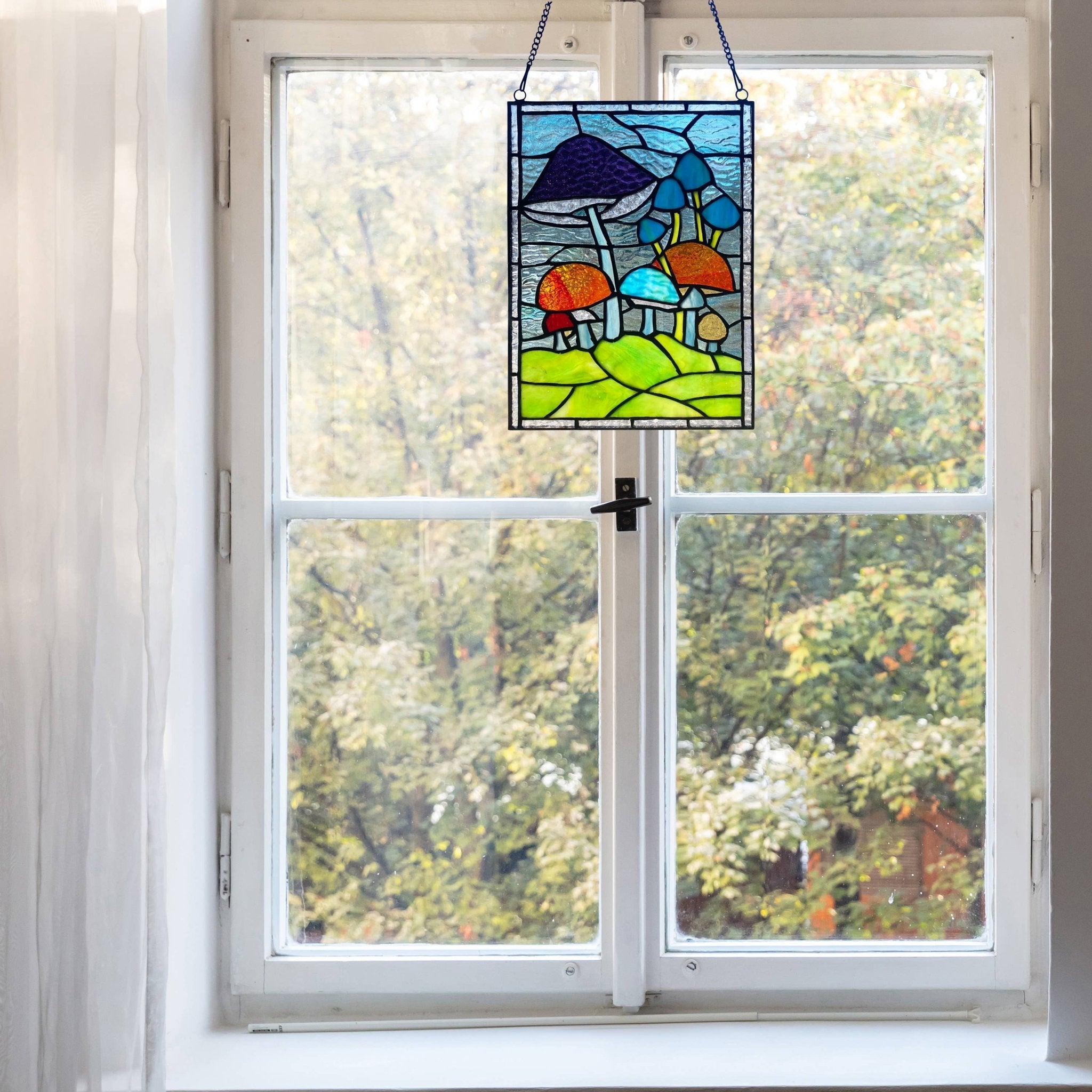 11.5"H Erin Green Mushrooms Stained Glass Window Panel - Spiral Circle