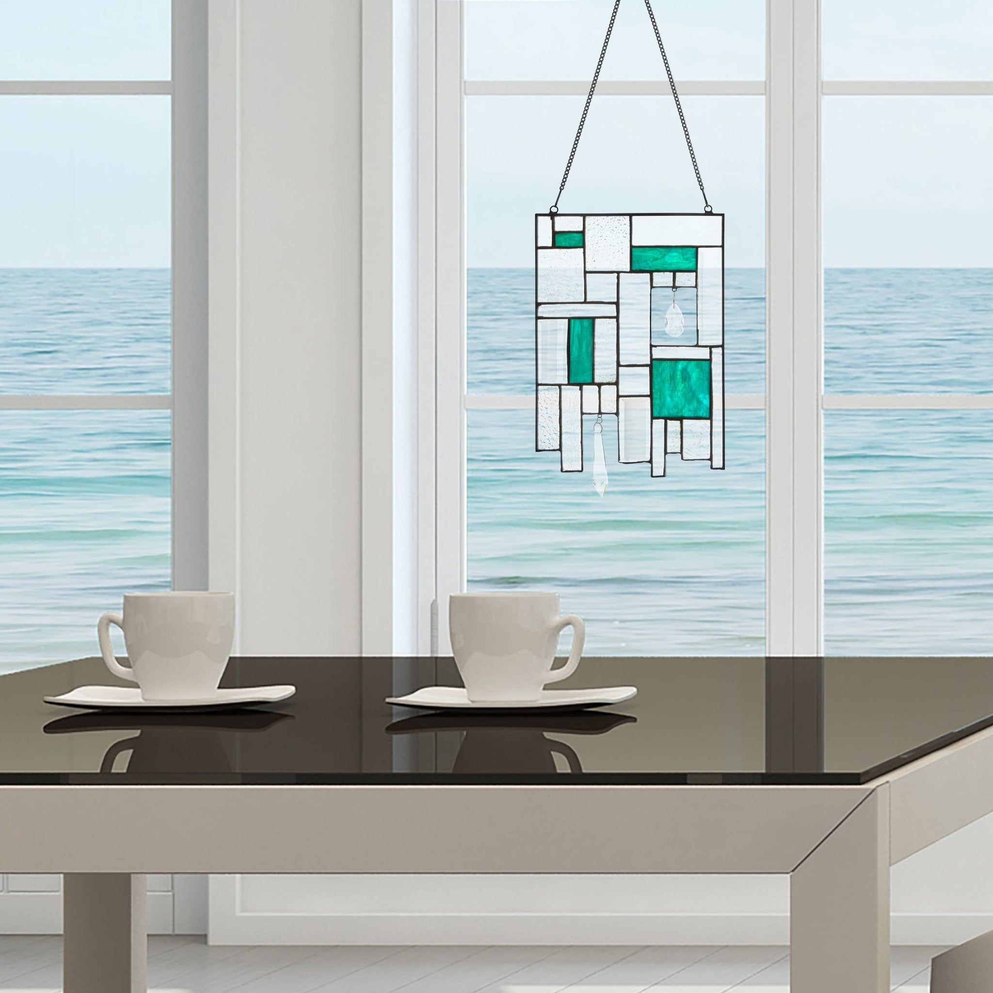 11.5"H Molly Turquoise Suncatcher Stained Glass Window Panel - Spiral Circle