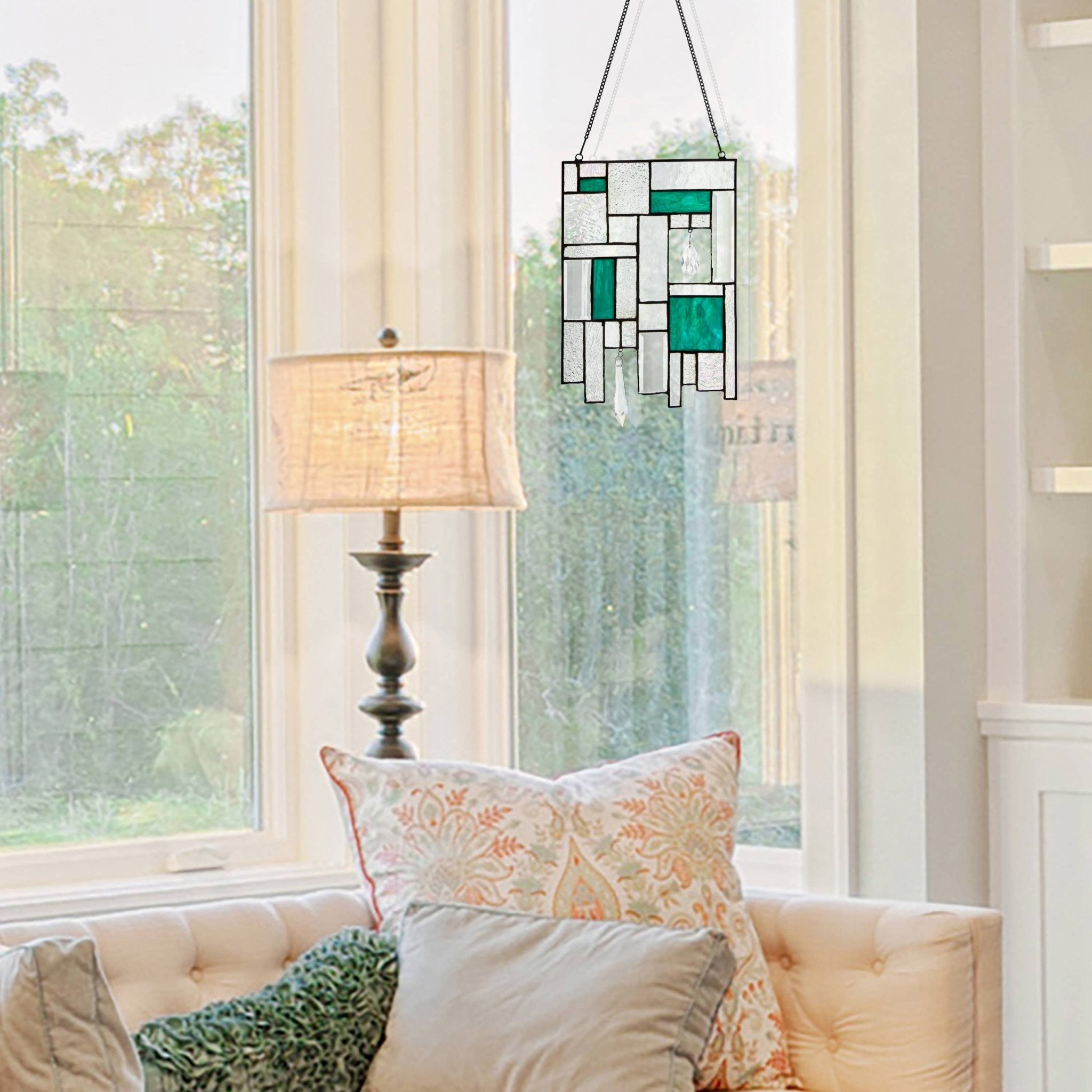 11.5"H Molly Turquoise Suncatcher Stained Glass Window Panel - Spiral Circle