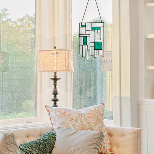 11.5"H Molly Turquoise Suncatcher Stained Glass Window Panel - Spiral Circle