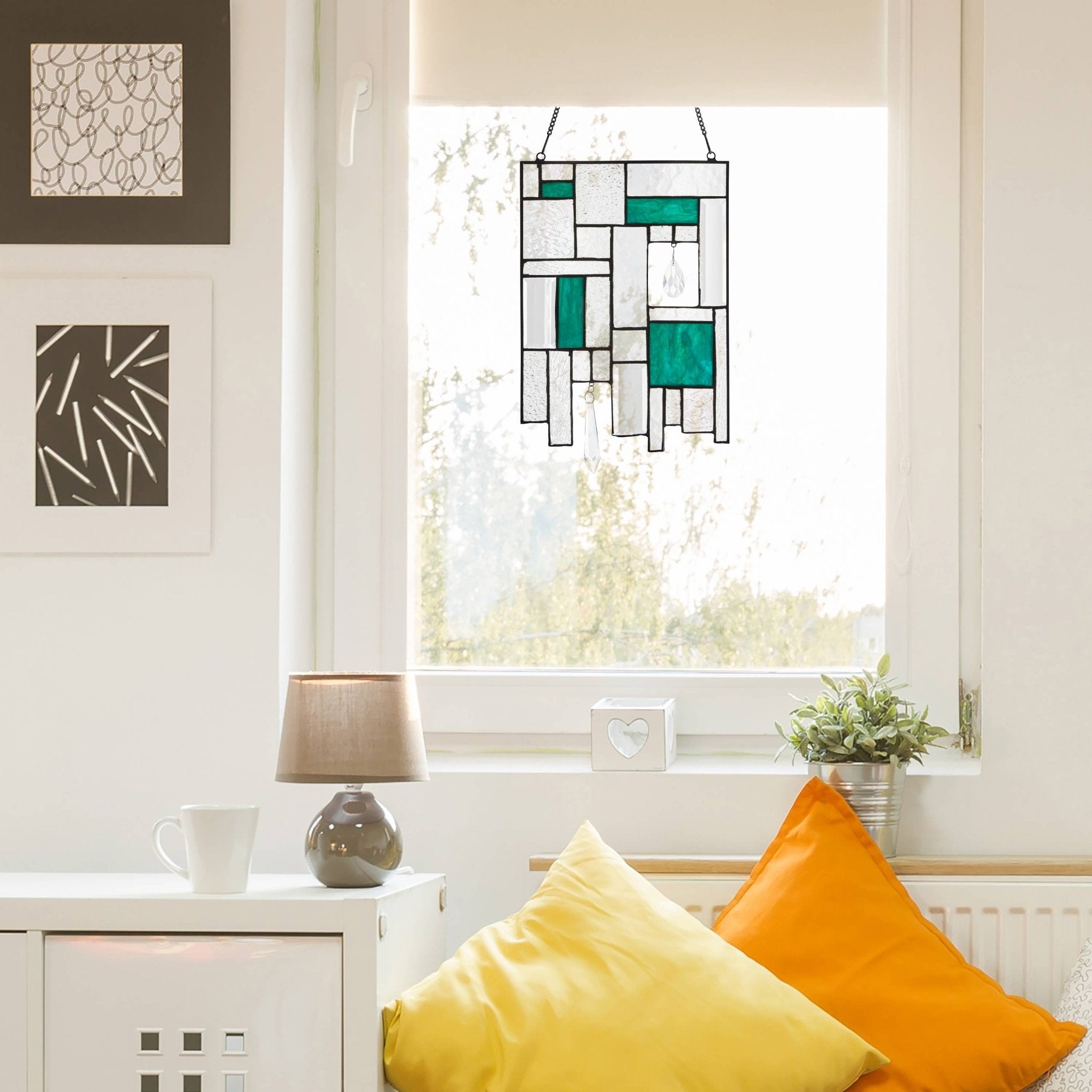 11.5"H Molly Turquoise Suncatcher Stained Glass Window Panel - Spiral Circle