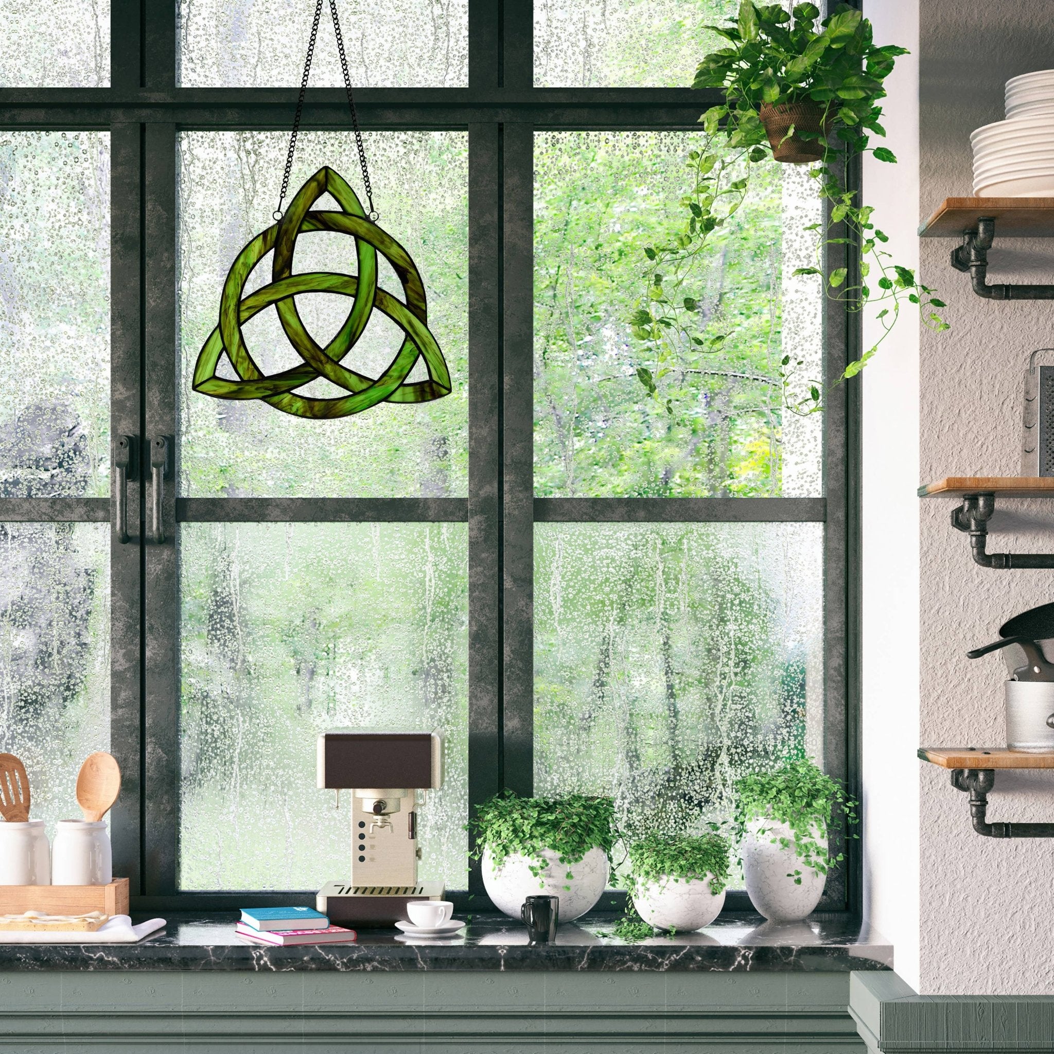 11.75"H Trinity Knot Celtic Stained Glass Window Panel - Spiral Circle