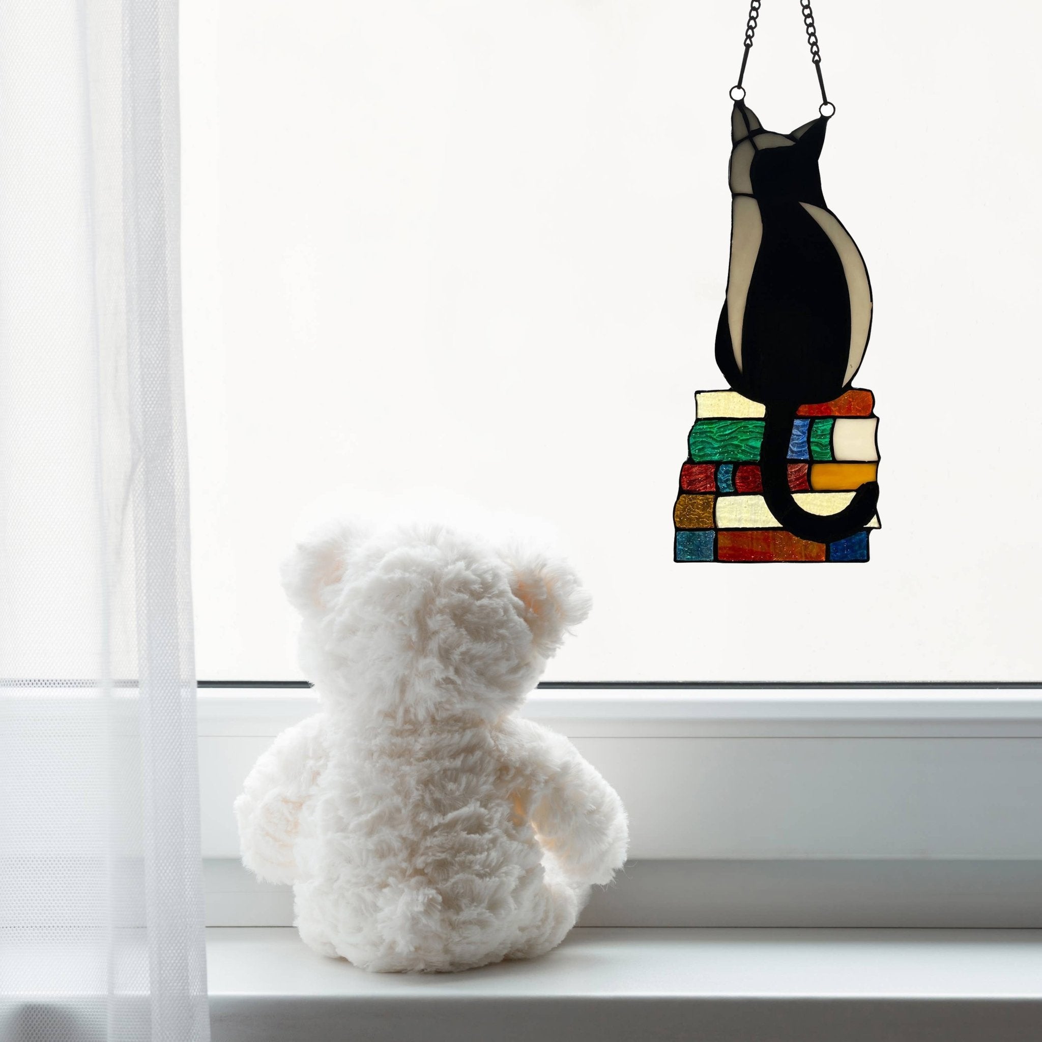 12.5”H Kate Black Library Cat Stained Glass Window Panel - Spiral Circle