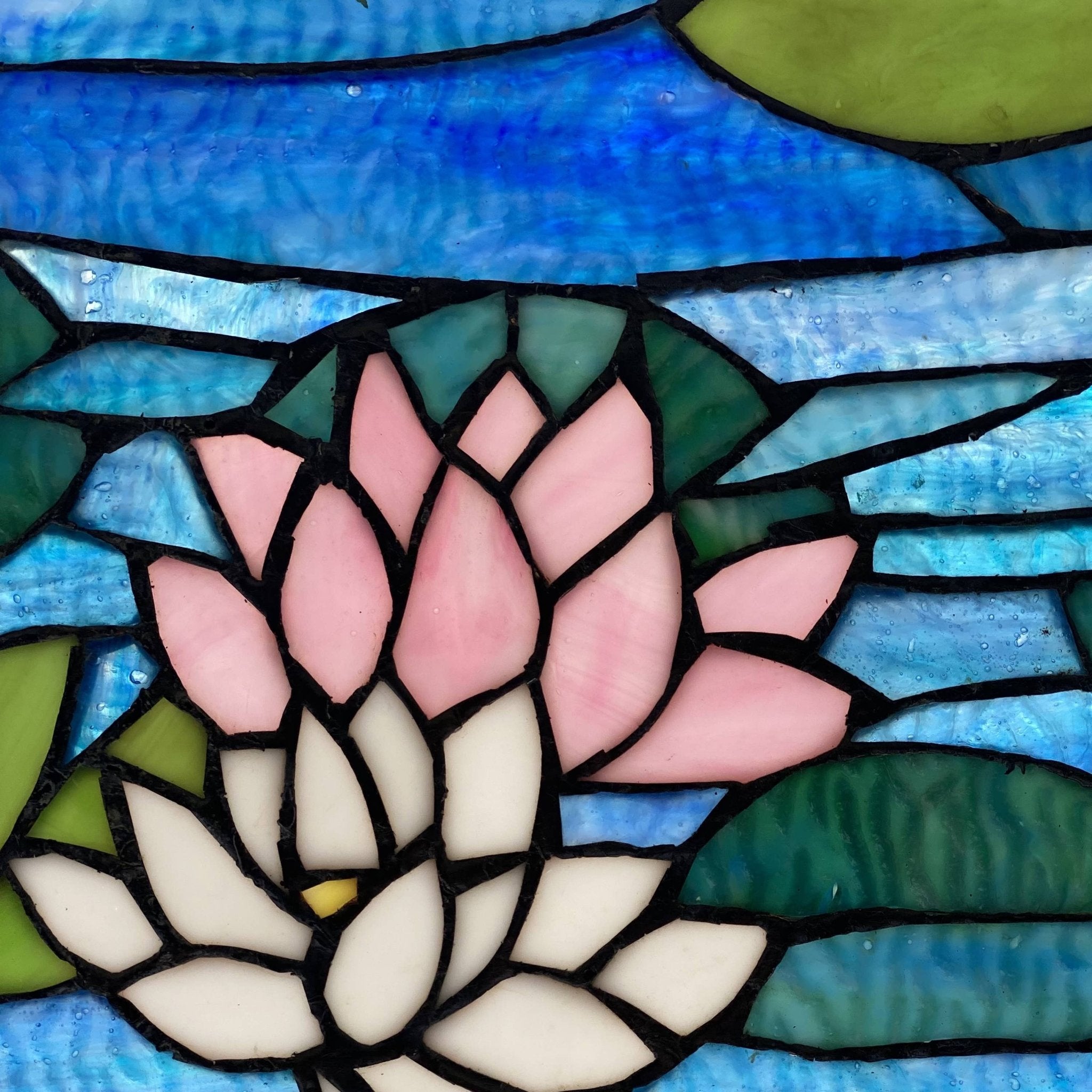 12"H Blue Lotus Pond Stained Glass Window Panel - Spiral Circle