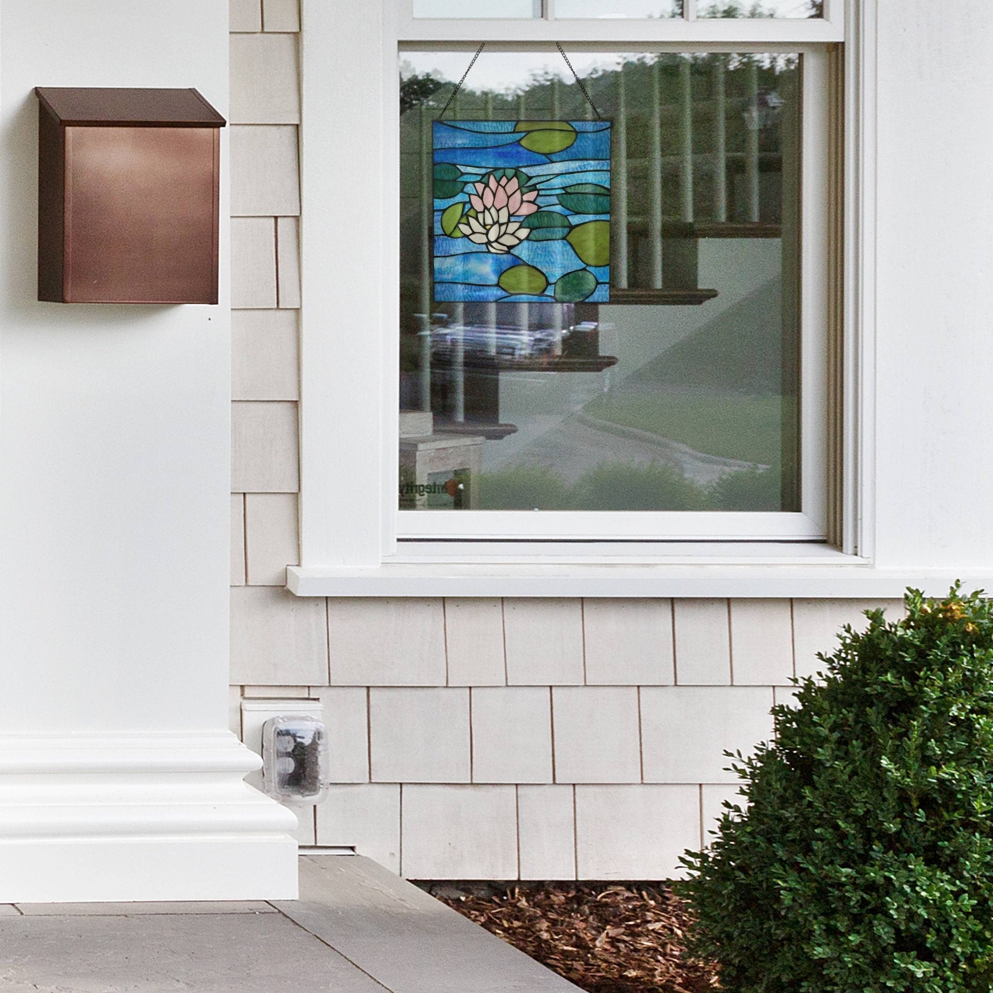 12"H Blue Lotus Pond Stained Glass Window Panel - Spiral Circle
