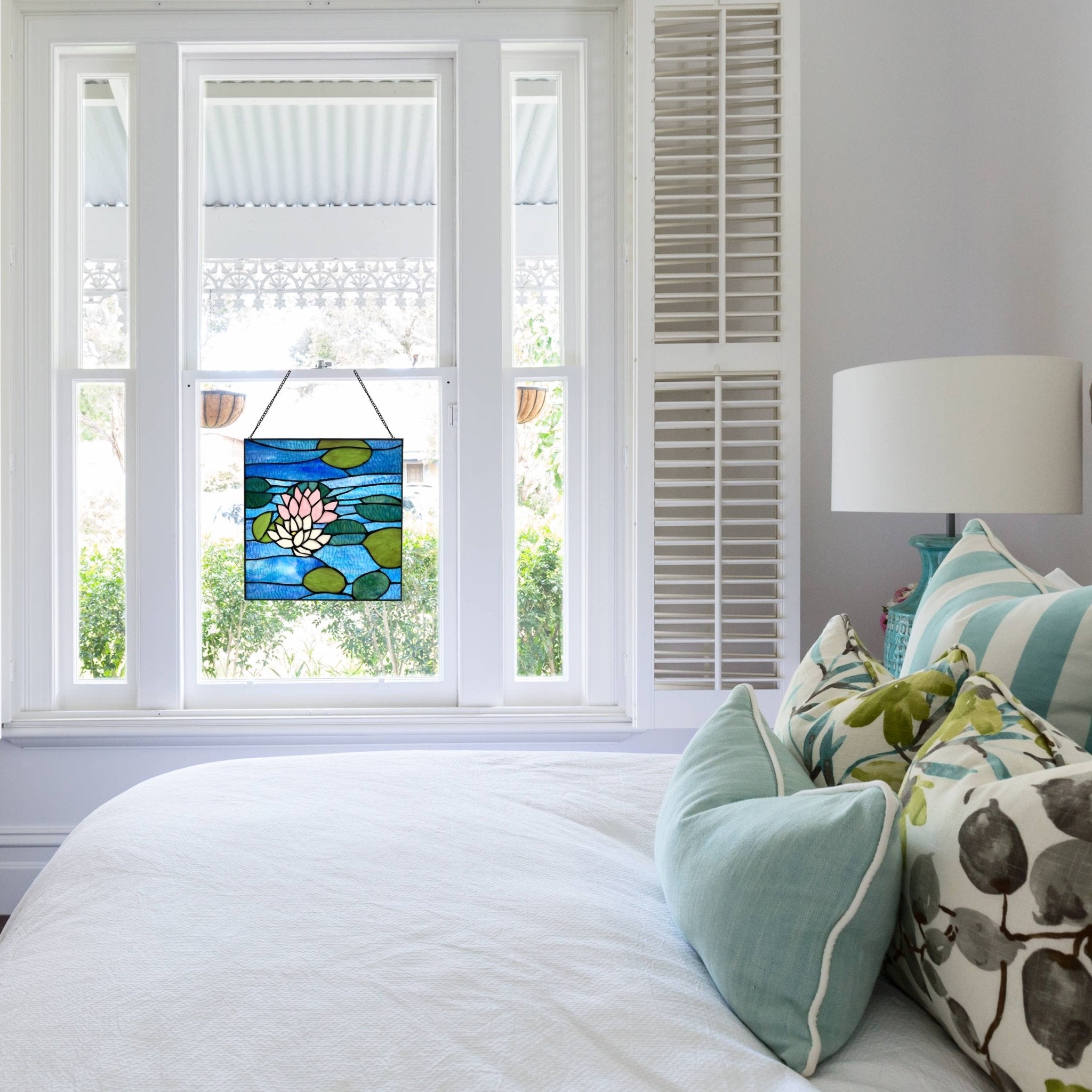 12"H Blue Lotus Pond Stained Glass Window Panel - Spiral Circle