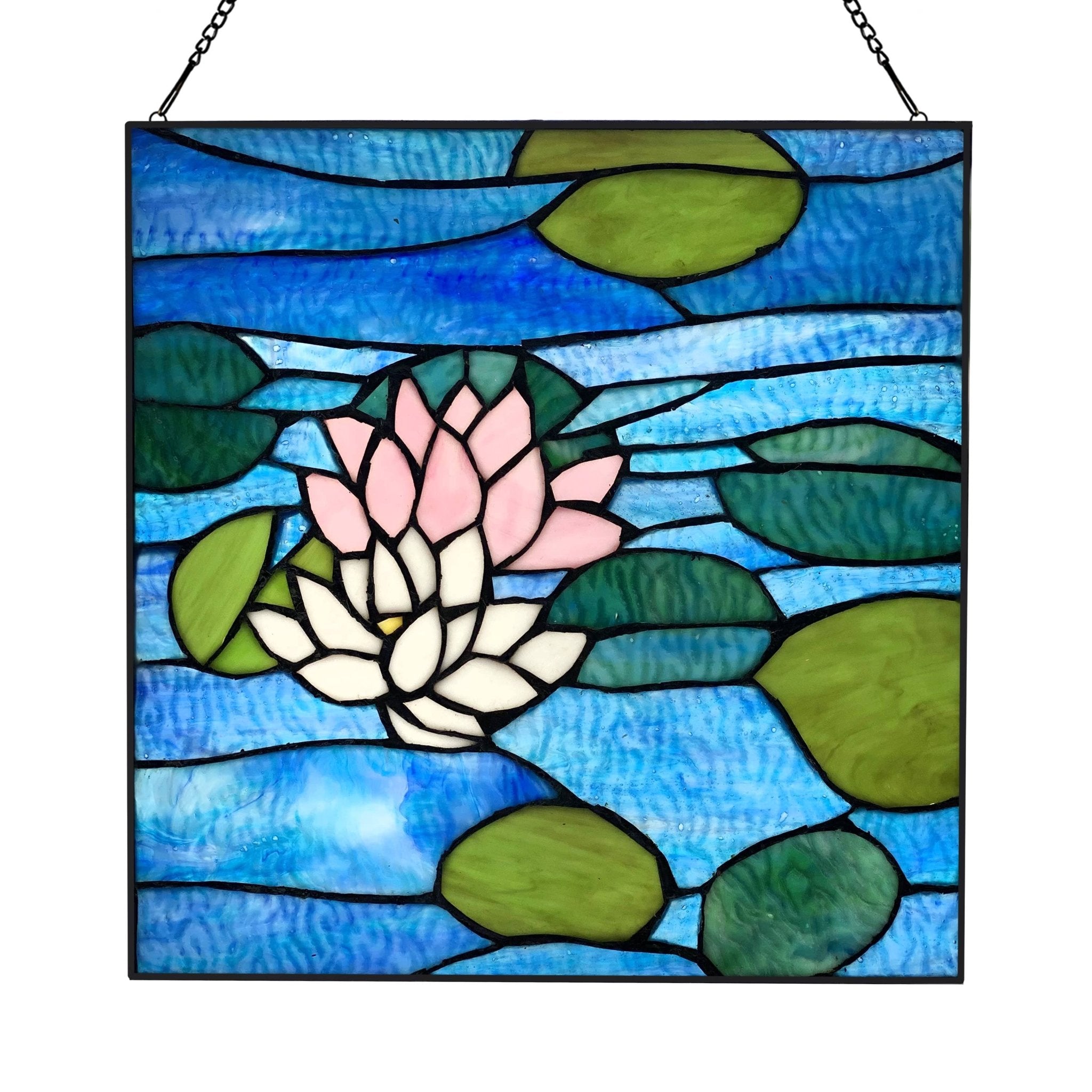12"H Blue Lotus Pond Stained Glass Window Panel - Spiral Circle