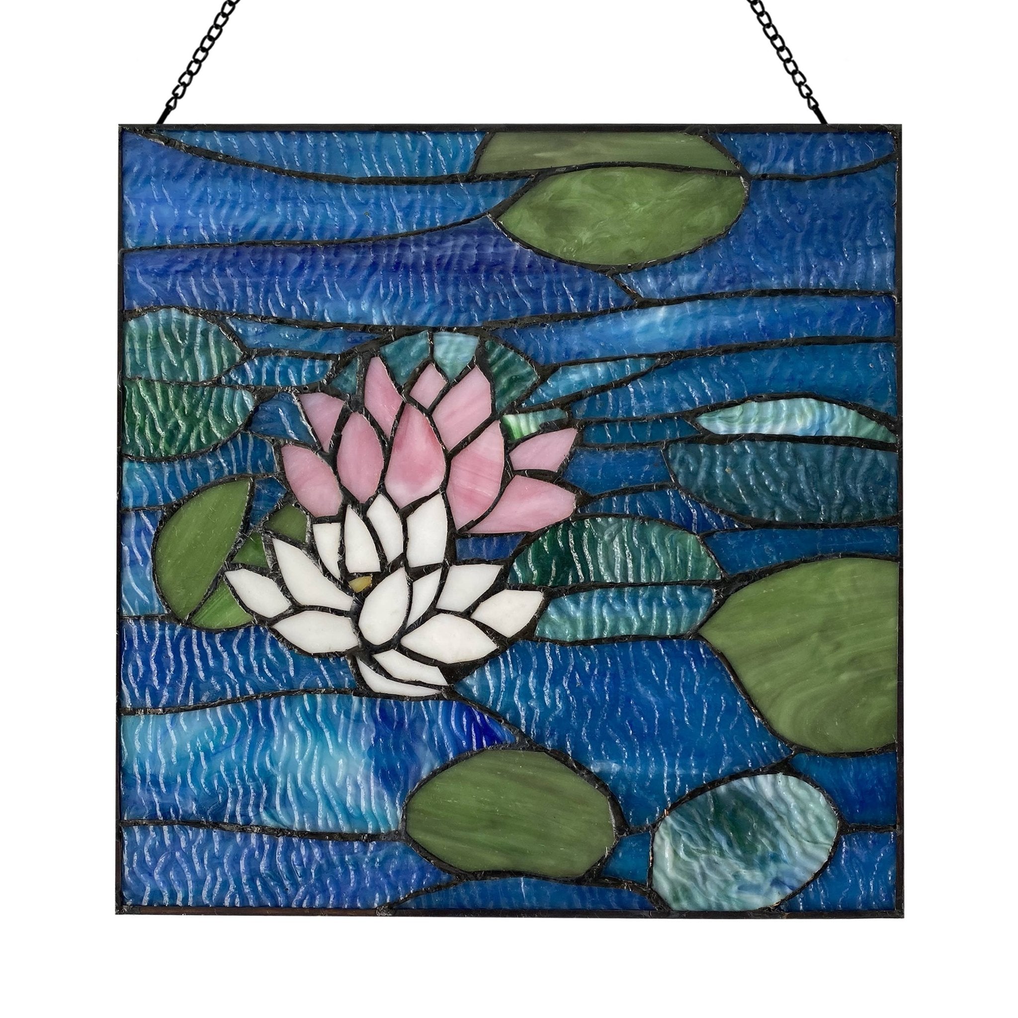 12"H Blue Lotus Pond Stained Glass Window Panel - Spiral Circle