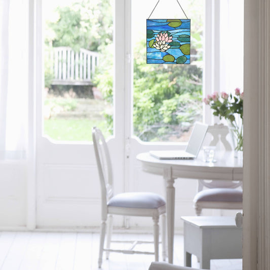 12"H Blue Lotus Pond Stained Glass Window Panel - Spiral Circle