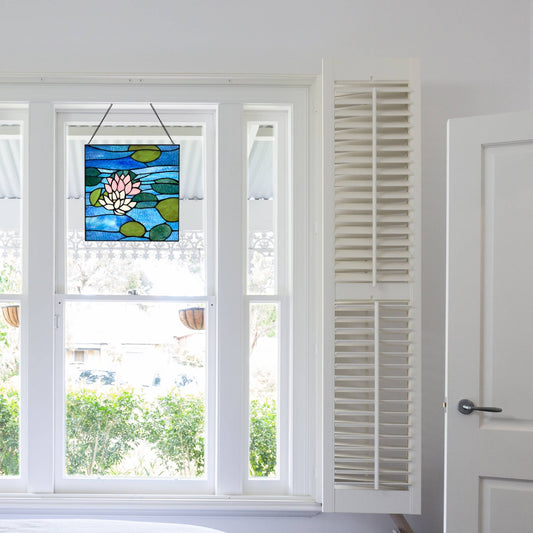 12"H Blue Lotus Pond Stained Glass Window Panel - Spiral Circle