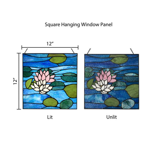 12"H Blue Lotus Pond Stained Glass Window Panel - Spiral Circle
