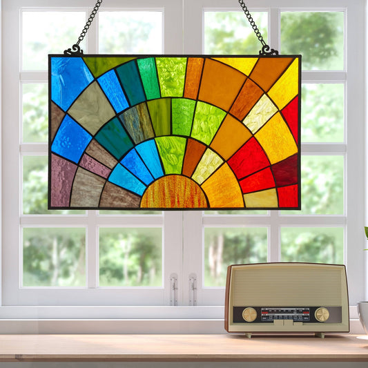 12"H Tiffany - Style Rays of Sunshine Stained Glass Panel - Spiral Circle