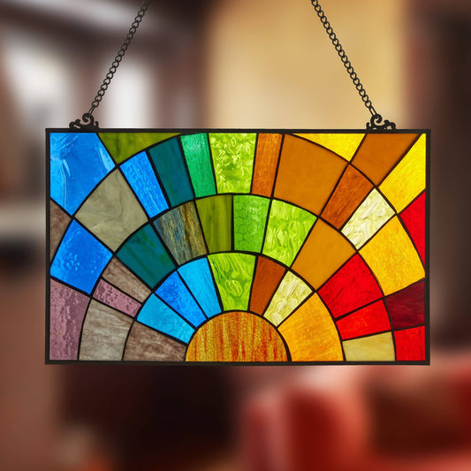 12"H Tiffany - Style Rays of Sunshine Stained Glass Panel - Spiral Circle