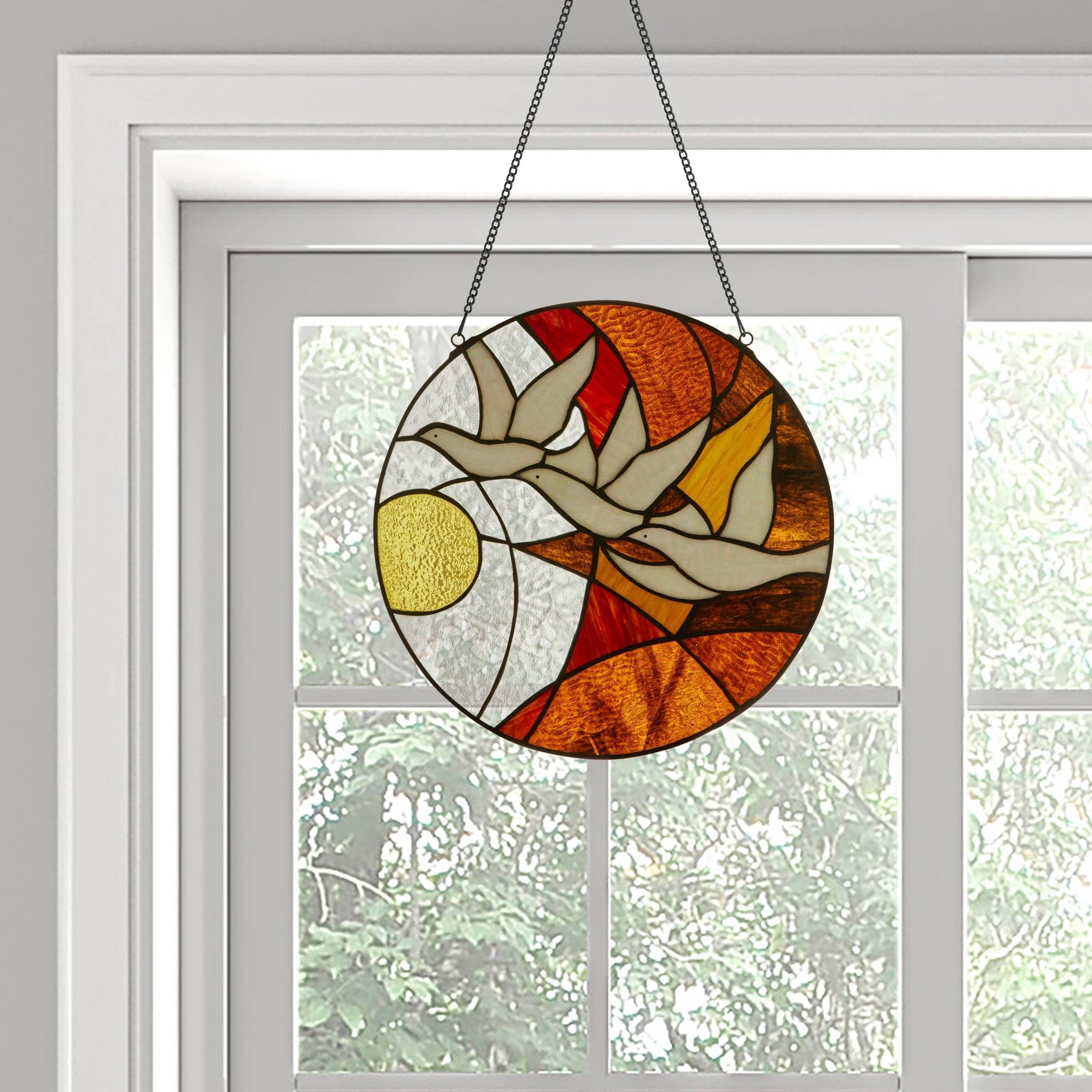 14"H Doves at Sunset Round Stained Glass Window Panel - Spiral Circle