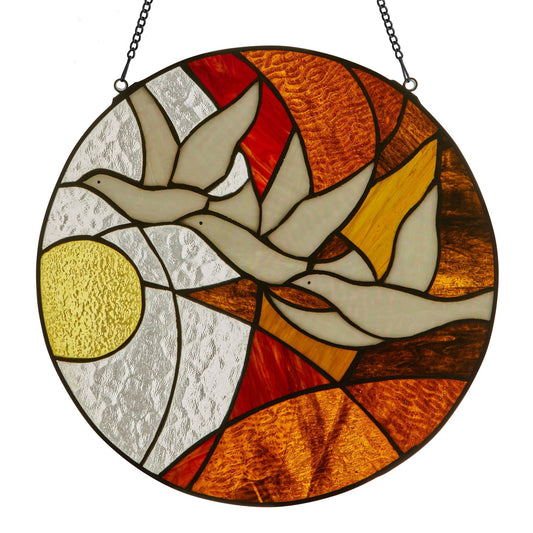 14"H Doves at Sunset Round Stained Glass Window Panel - Spiral Circle