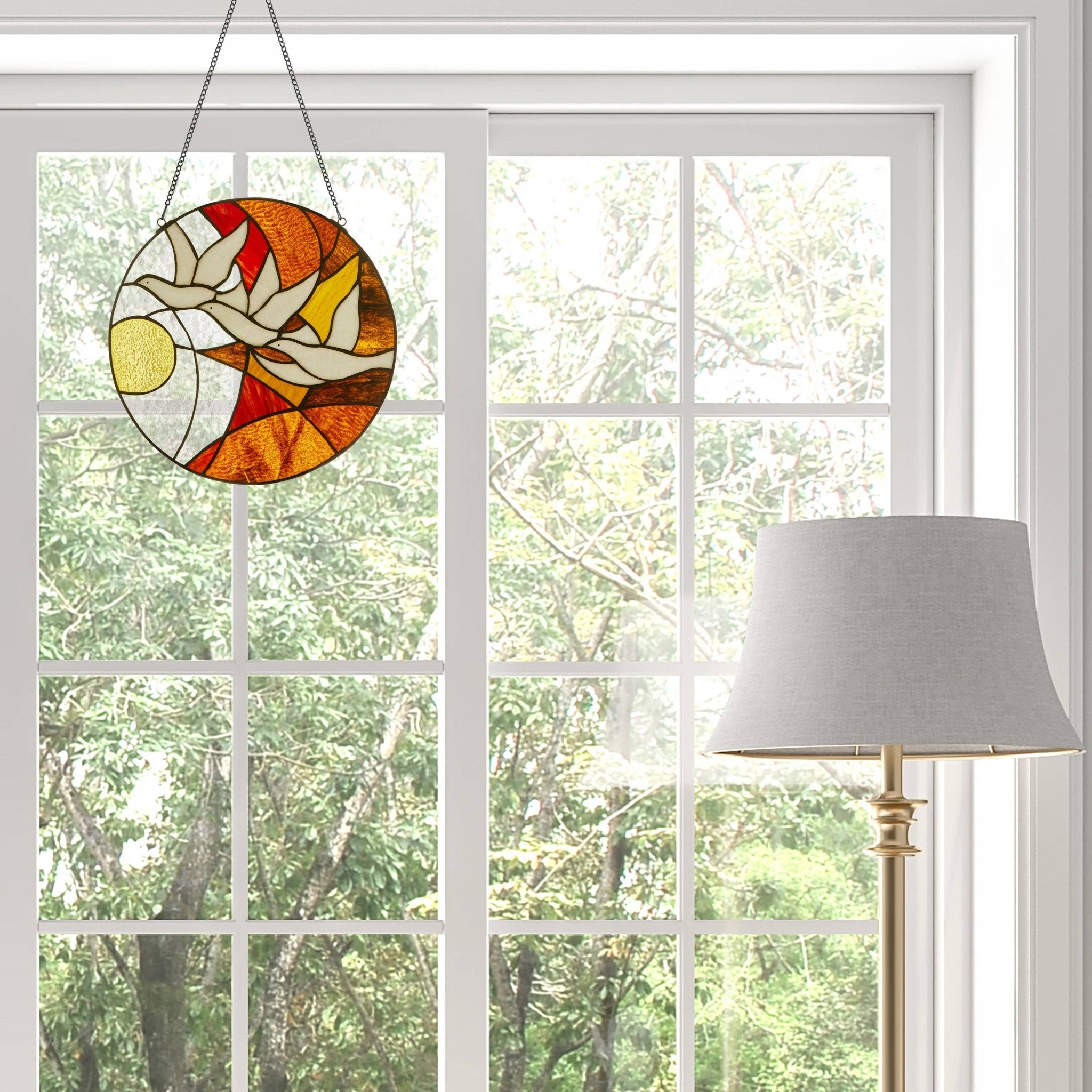 14"H Doves at Sunset Round Stained Glass Window Panel - Spiral Circle
